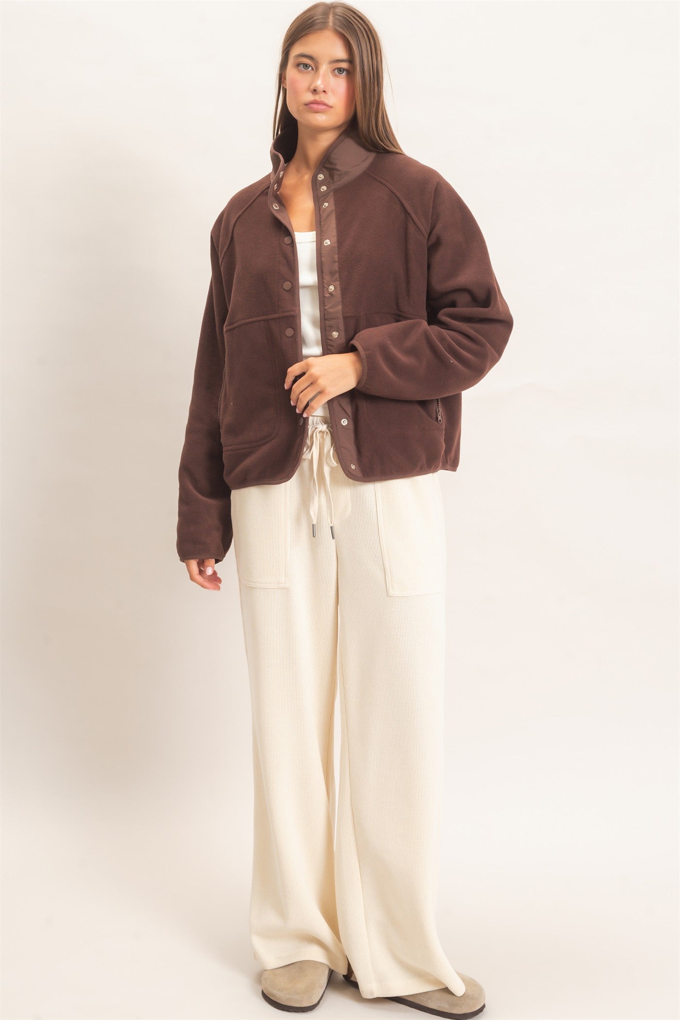 Wholesale Fleece Jacket With Button Front Coats & Jackets DZ26F086 DARK BROWN DOUBLE ZERO