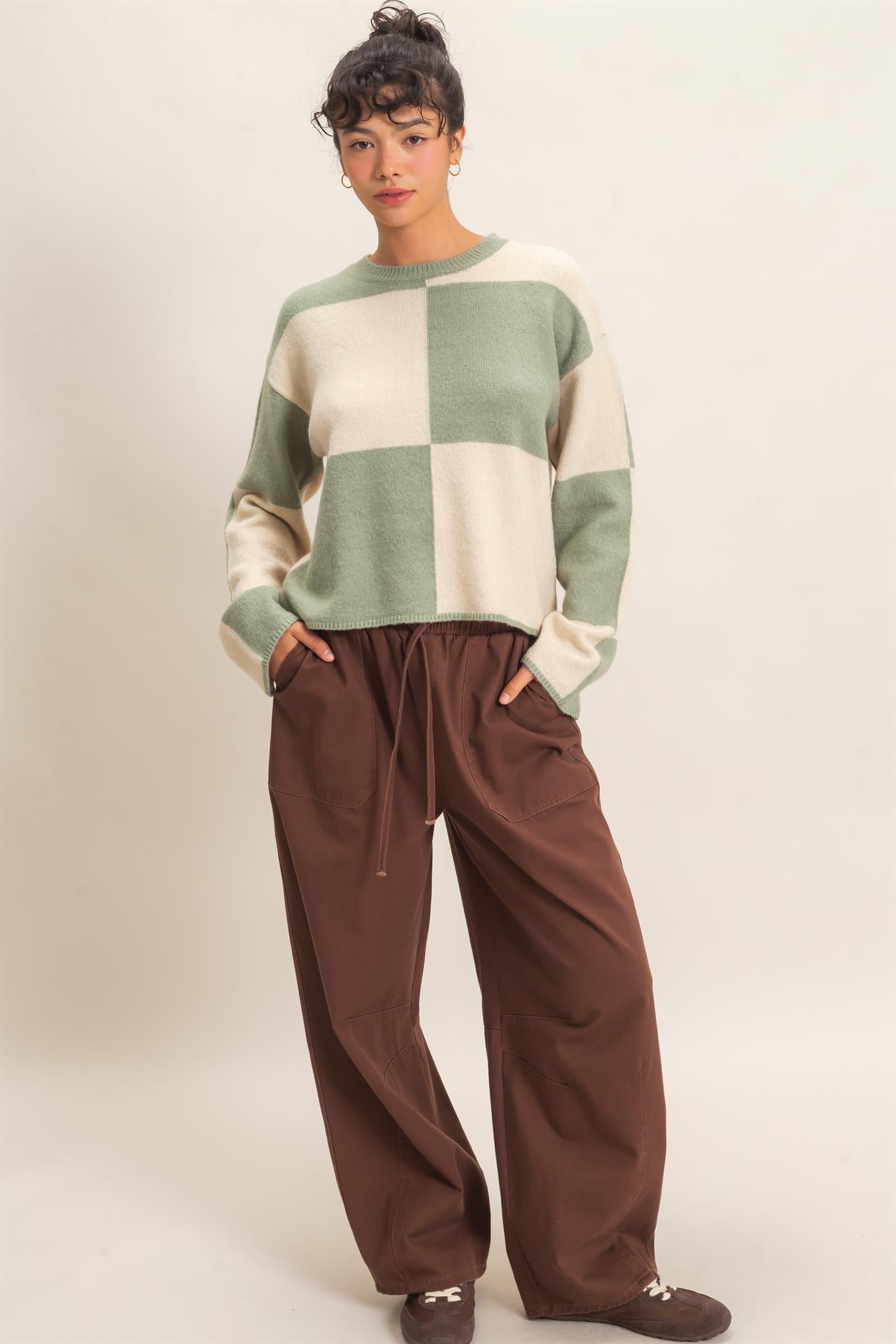 Wholesale Crew Neck Checkered Sweater Sweaters DZ26C980 SAGE GREEN DOUBLE ZERO