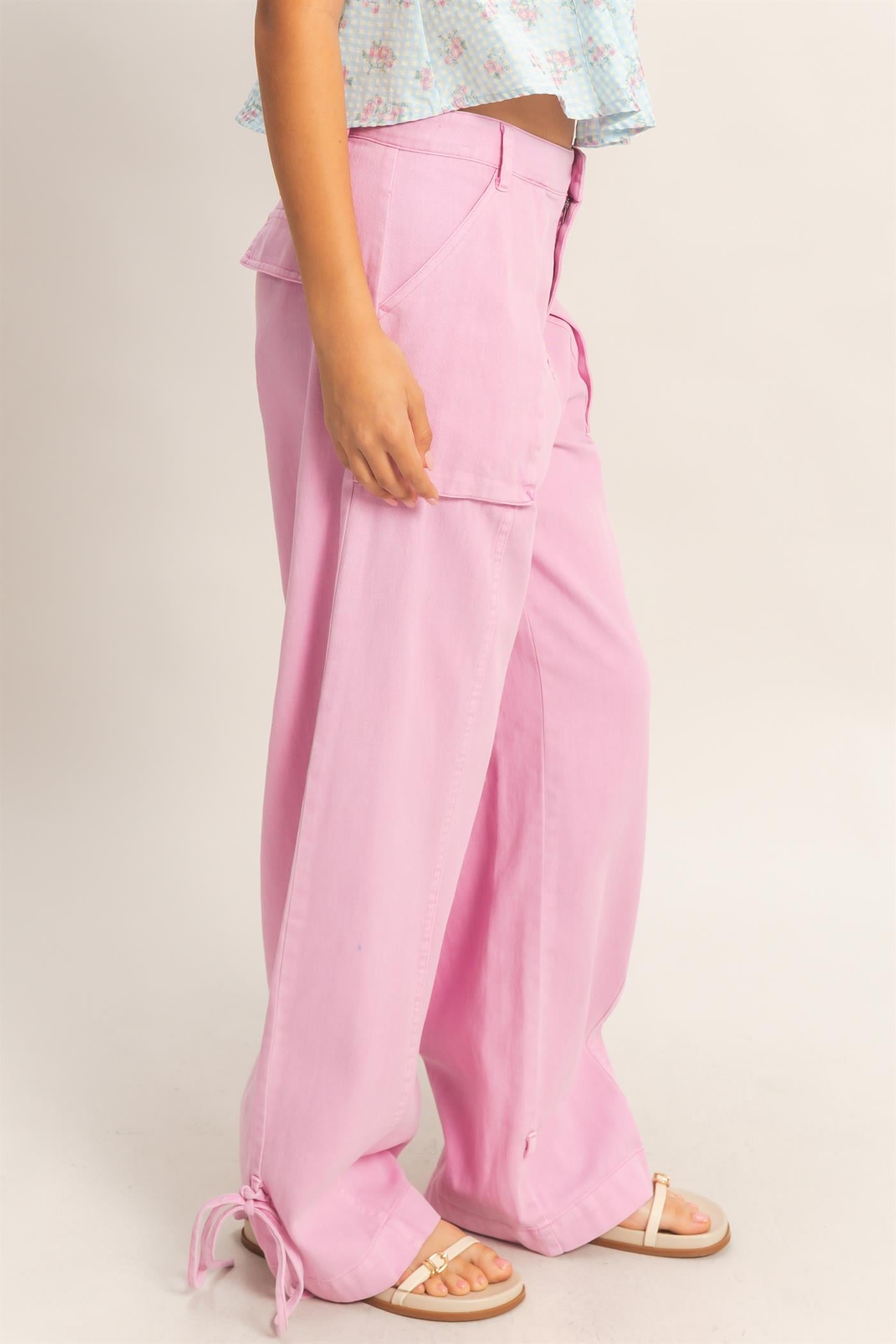 Wholesale High Rise Cargo Pants With Ankle Ties Pants DZ24C156 PINK DOUBLE ZERO