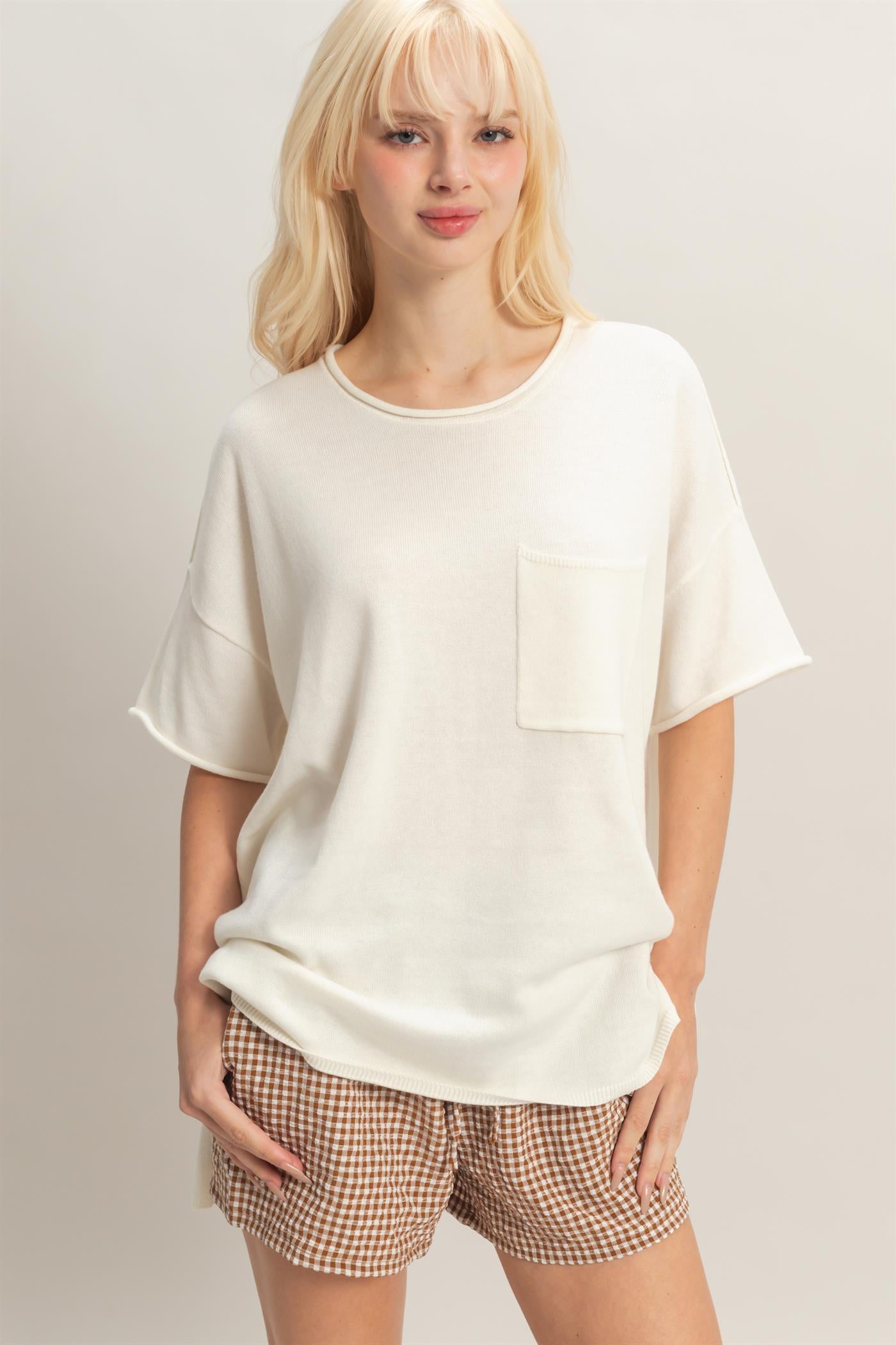 Wholesale Oversized Short Sleeve Round Neck Pocket Knit Top Clothing Tops DZ26A691 WHIP CREAM DOUBLE ZERO