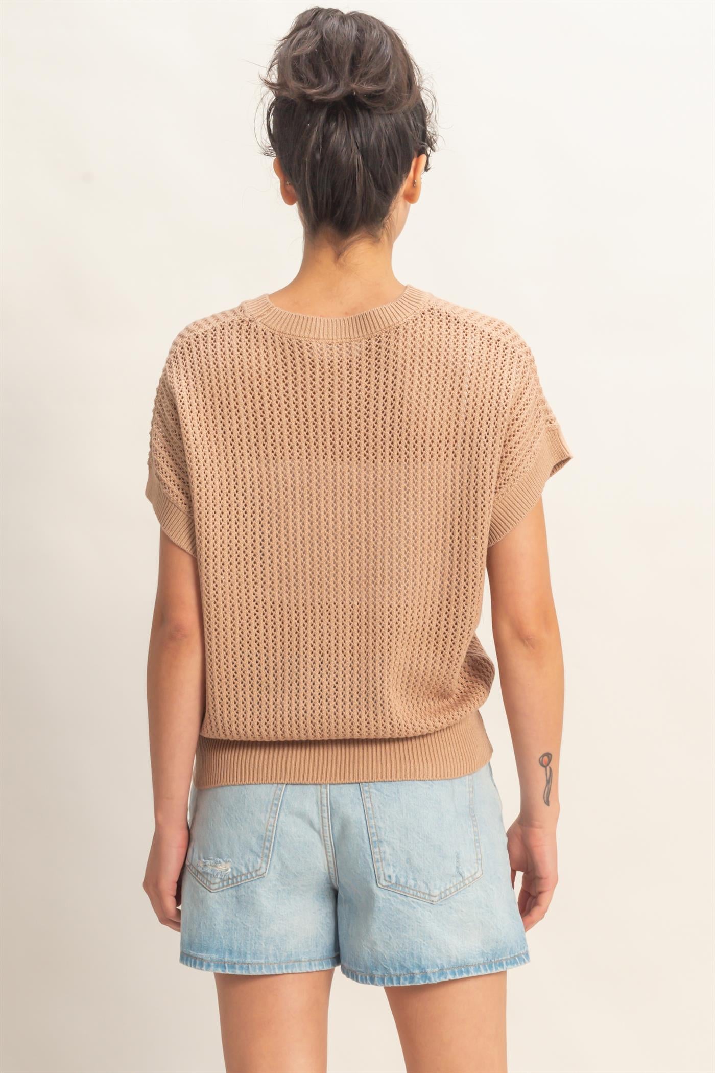 Wholesale Open-Knit Dolman Sleeve Top Clothing Tops DZ26A334 DARK TAUPE DOUBLE ZERO