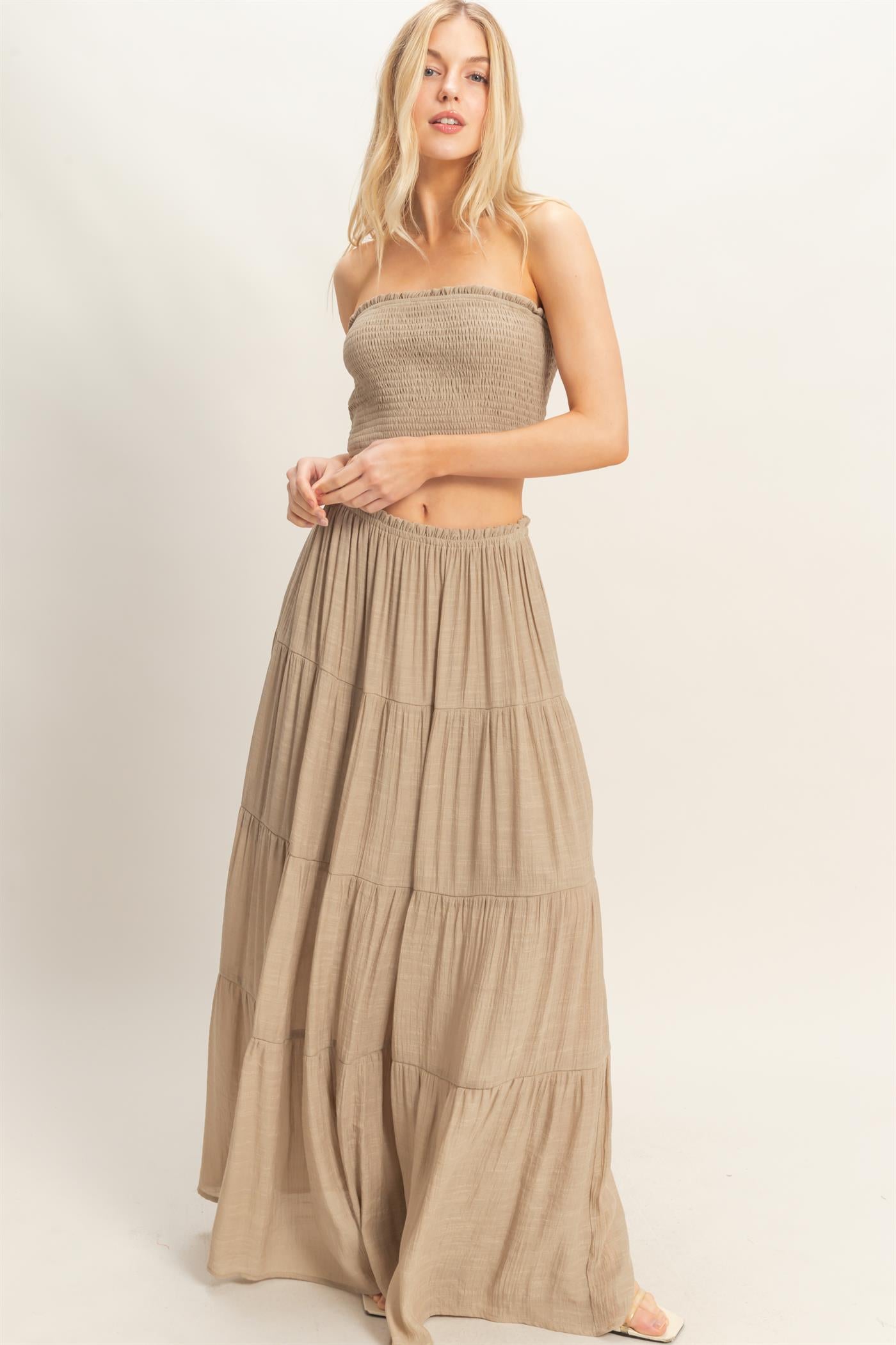 Wholesale Smocked Tube Top & Tiered Skirt Set Clothing HF26C289-SET-D TAUPE HYFVE
