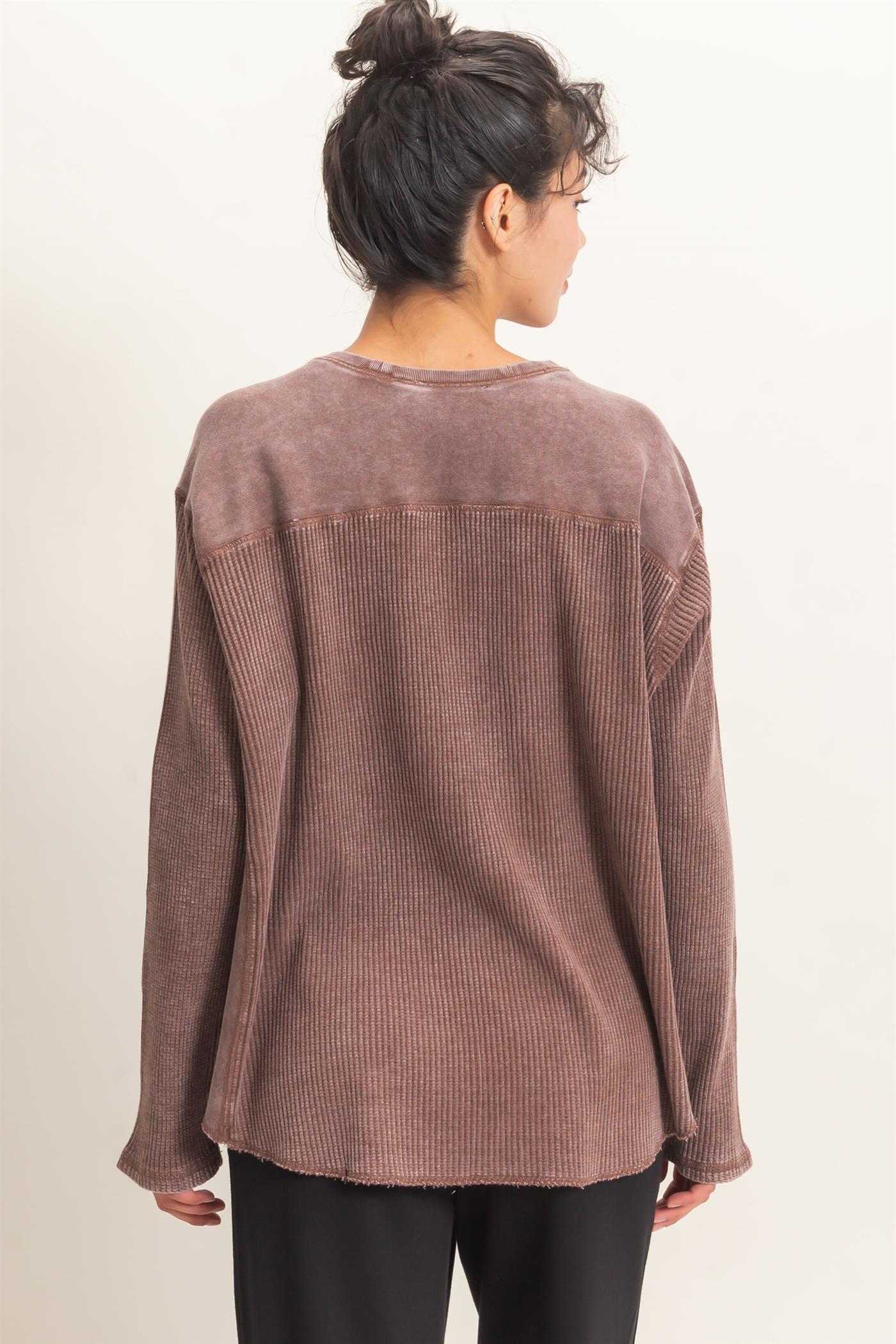 Wholesale Oversized Mineral Washed Waffle Knit Top Clothing Tops DZ26E654 DARK BROWN DOUBLE ZERO