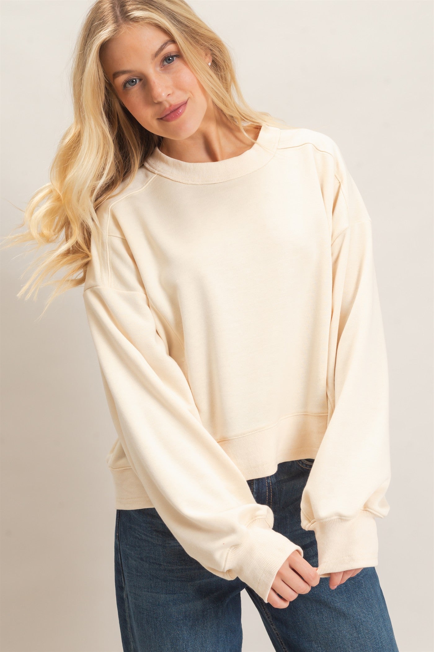 Wholesale Ribbed Crew Neck Sweatshirt Sweatshirts HF26F087 CREAM HYFVE