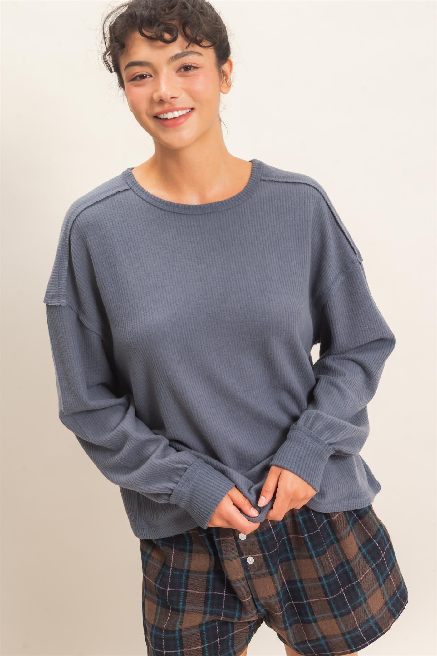 Wholesale Raw Edge Waffle Sweatshirt Sweatshirts DZ26F081 DARK GRAY HYFVE