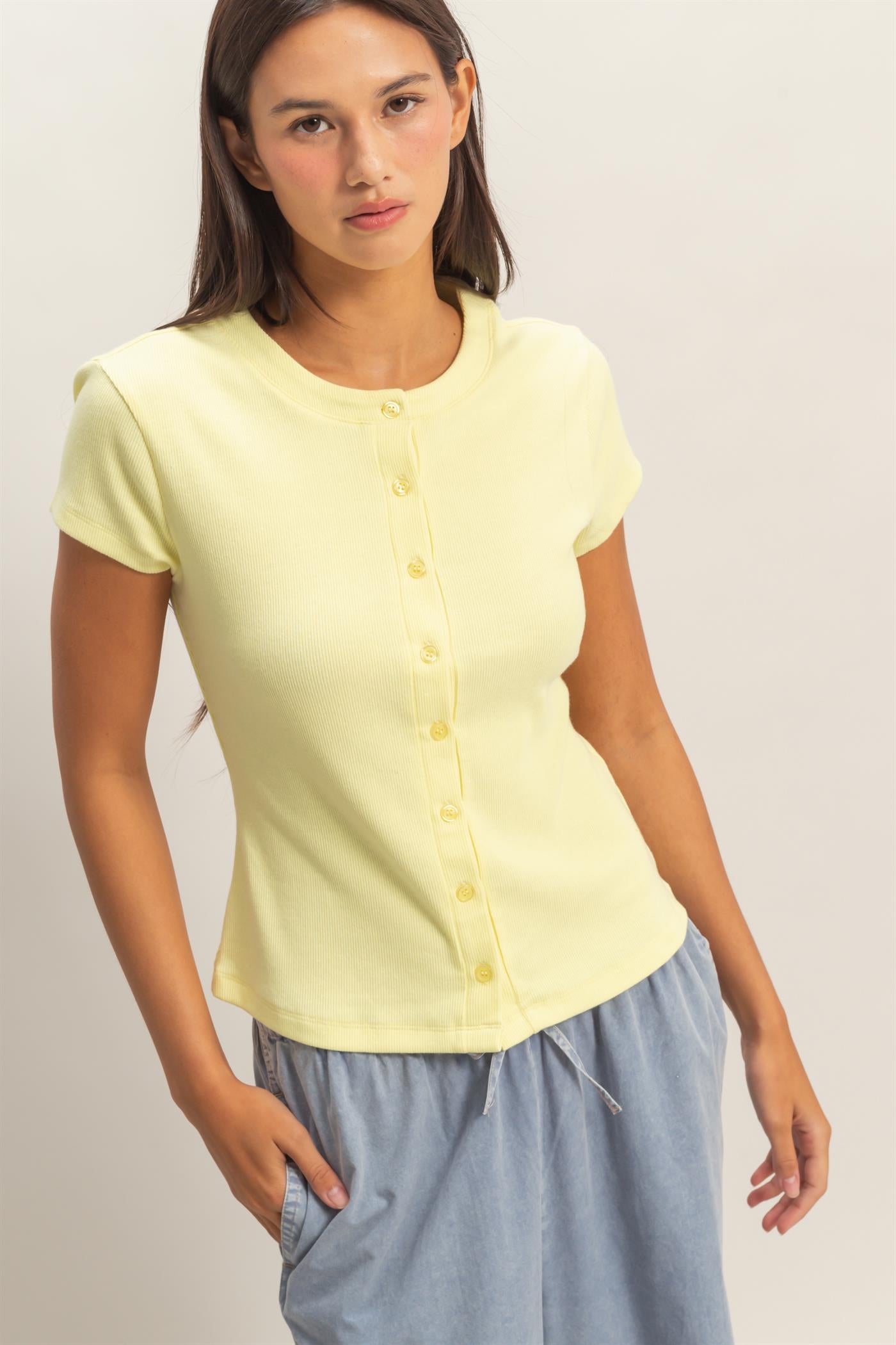 Wholesale Ribbed Button-Front Crew Neck Top Clothing Tops DZ26A727 PALE YELLOW DOUBLE ZERO