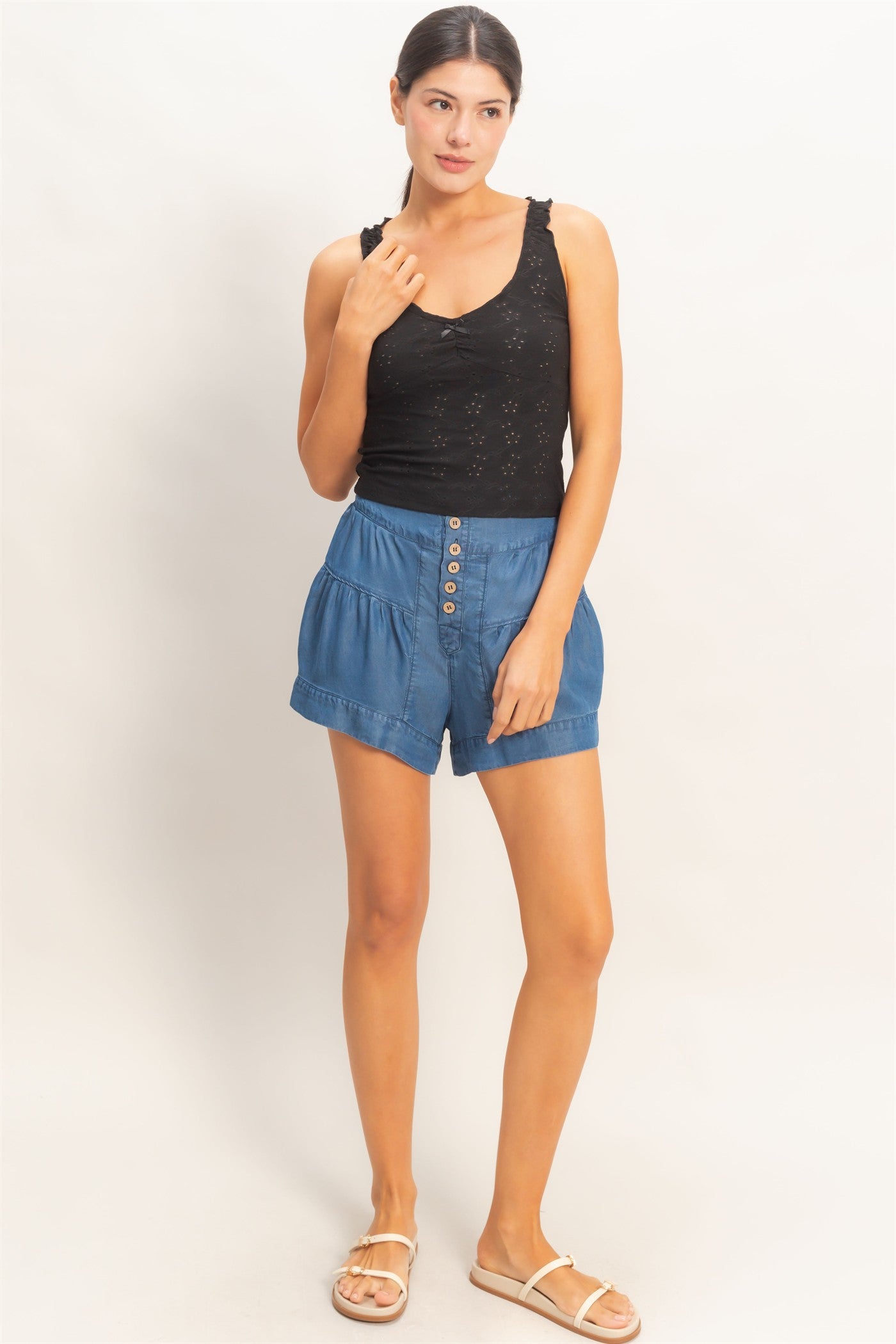 Wholesale Ruched Eyelet Knit Tank Tank Tops HF26C141 BLACK HYFVE