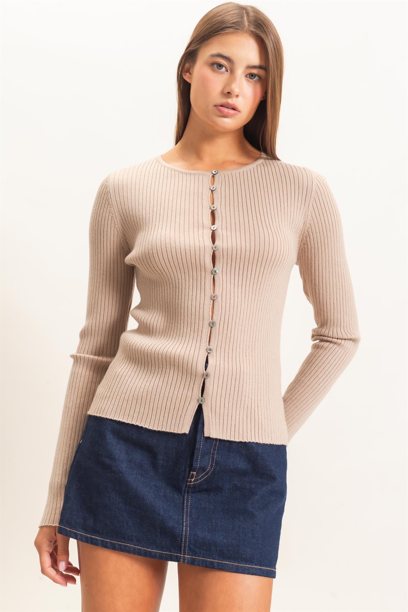 Wholesale Ribbed Button Front Cardigan Cardigans DZ26E322 TAUPE DOUBLE ZERO