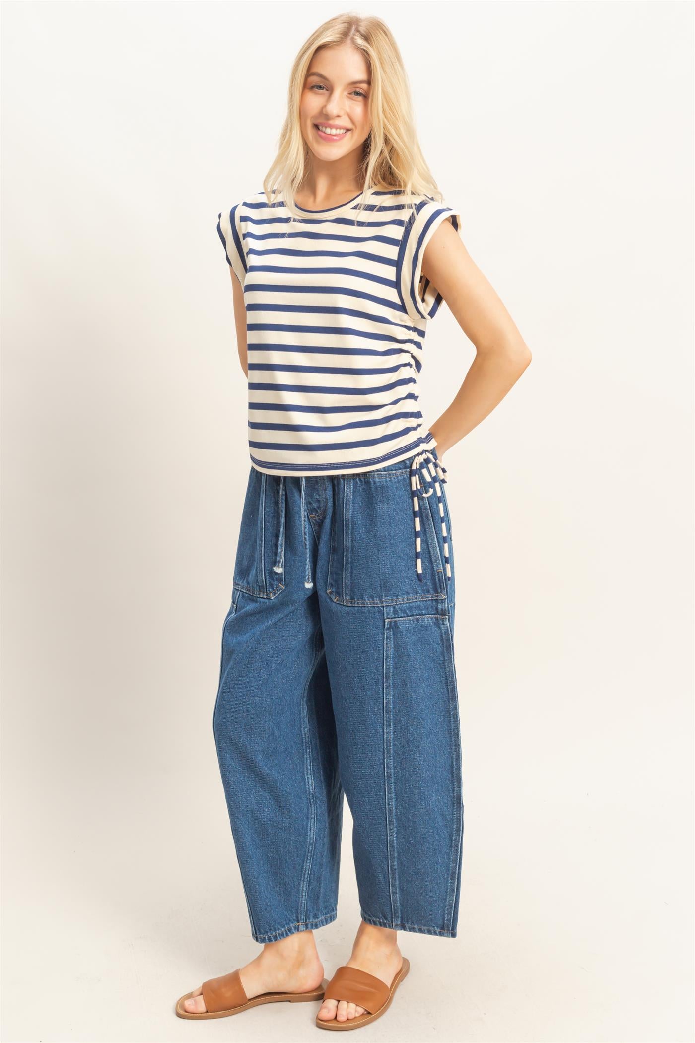 Wholesale Striped Sleeveless Tie-Side Top Clothing Tops HF26A500 NAVY HYFVE