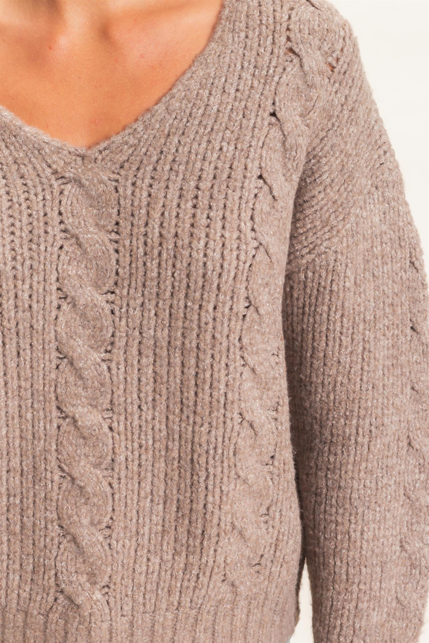 Wholesale Cable Knit V-Neck Sweater Sweaters DZ26E107 DUSTY BROWN DOUBLE ZERO