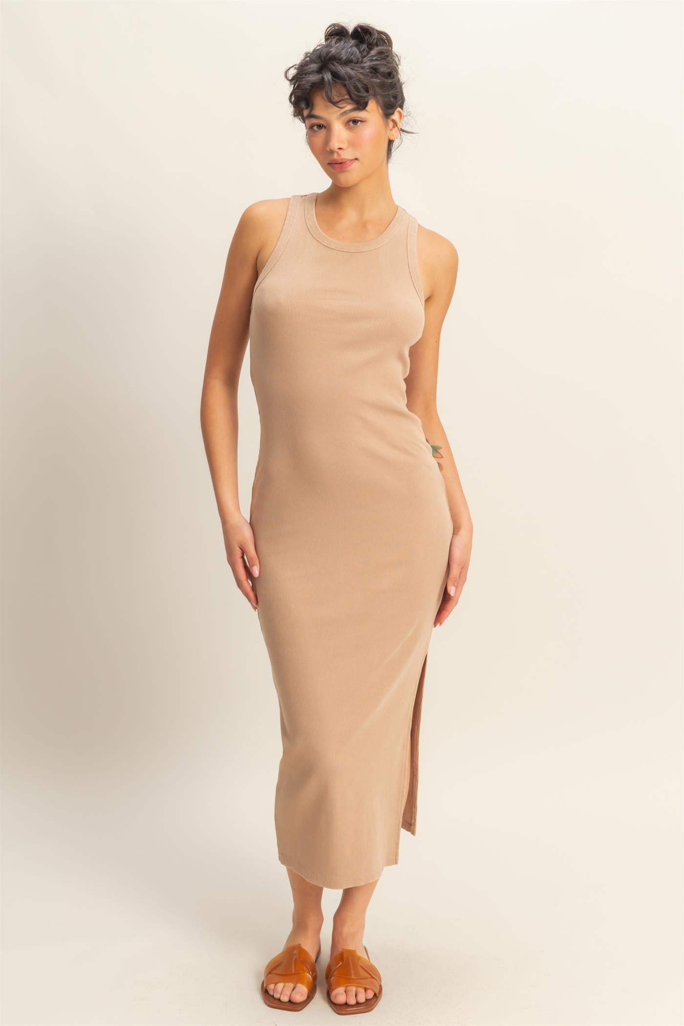 Wholesale Acid Washed Ribbed Midi Tank Dress Dresses DZ25E298 DARK TAUPE DOUBLE ZERO