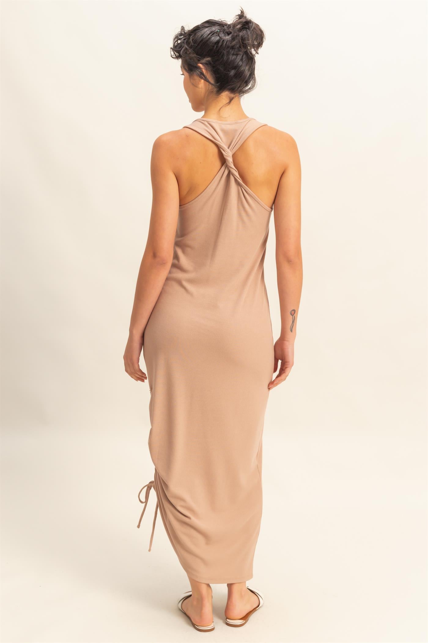 Wholesale Scoop Neck Side Tie Detail Midi Dress Dresses DZ25C152 DARK TAUPE DOUBLE ZERO