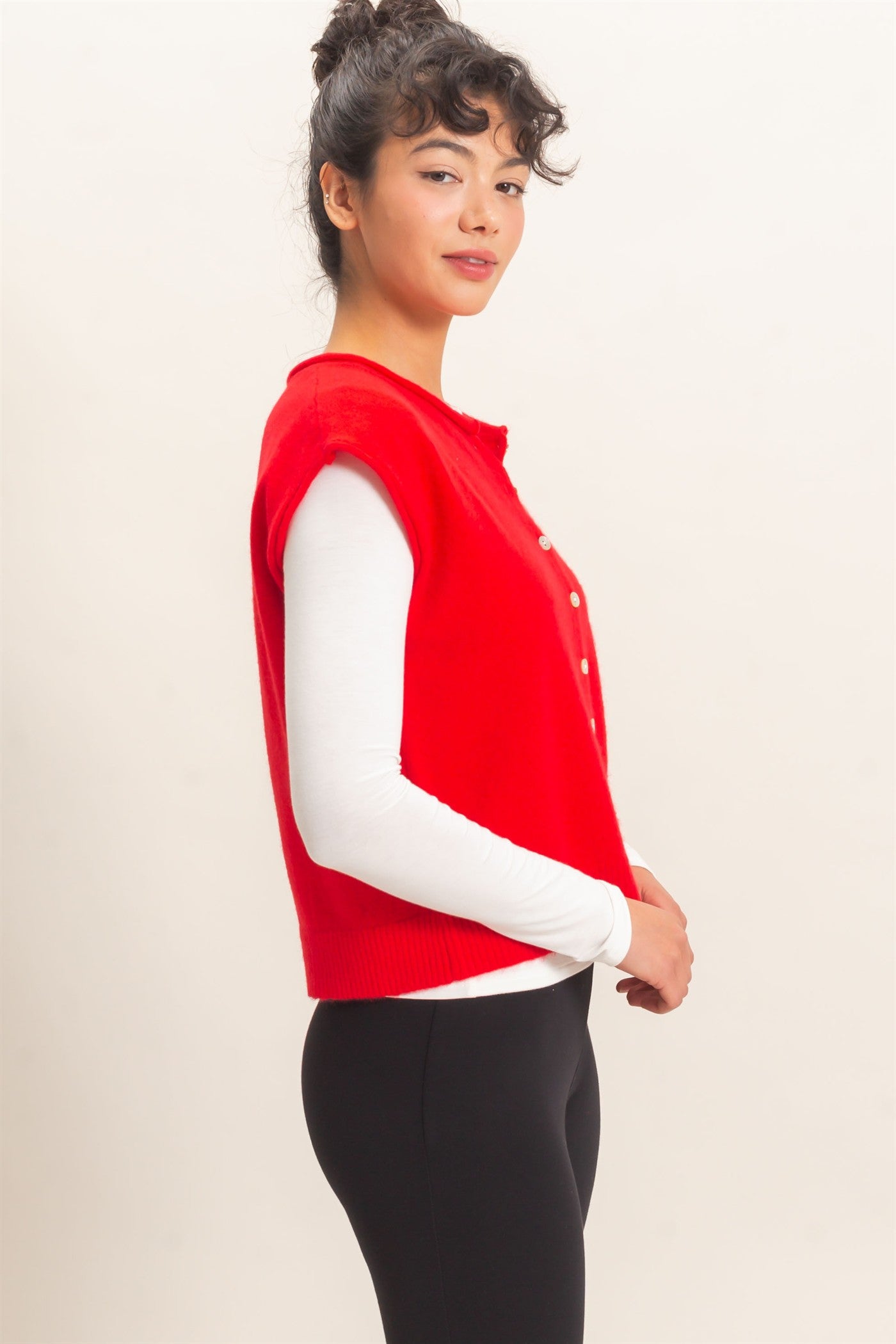 Wholesale Rolled Edge Button Front Sweater Vest Sweaters DZ26E239 RED DOUBLE ZERO