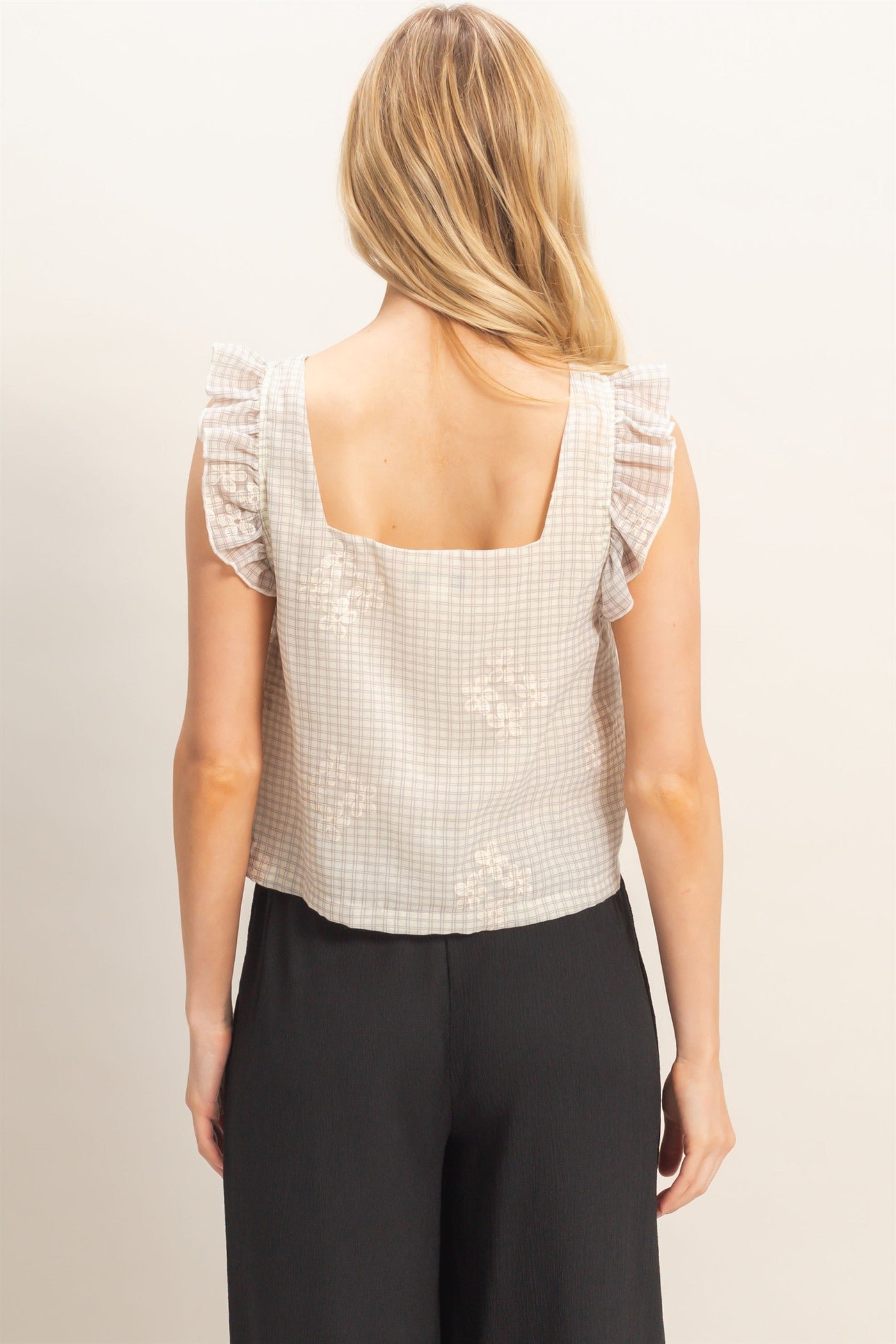 Wholesale Embroidered Gingham Tie Front Top Clothing HF26A501 DARK MAUVE HYFVE