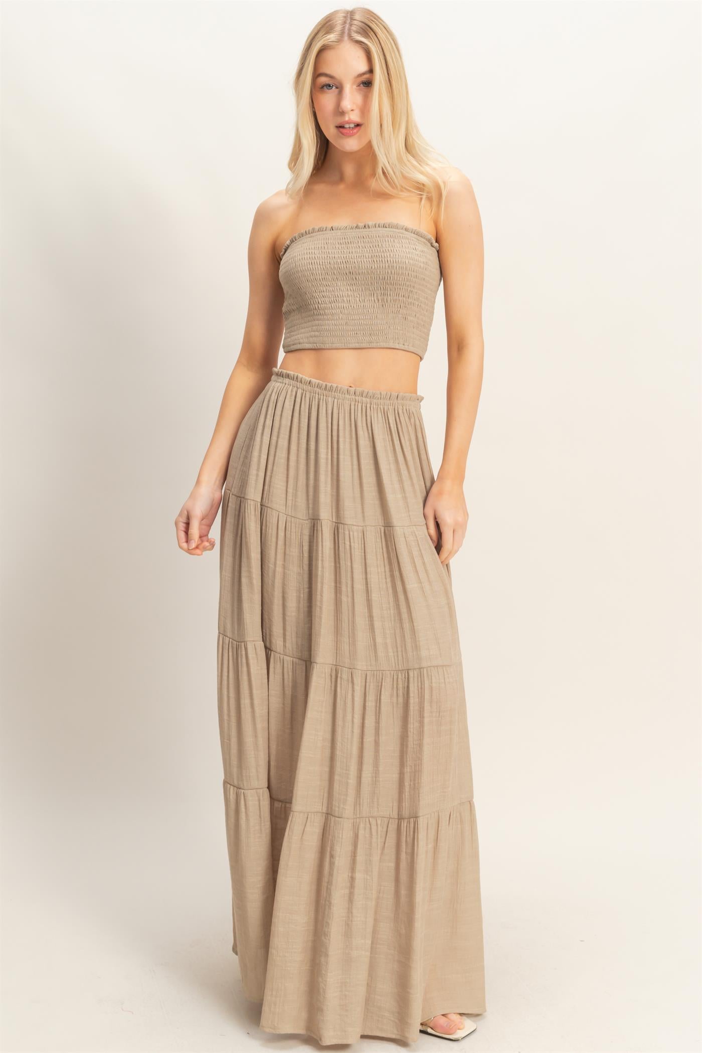 Wholesale Smocked Tube Top & Tiered Skirt Set Clothing HF26C289-SET-D TAUPE HYFVE