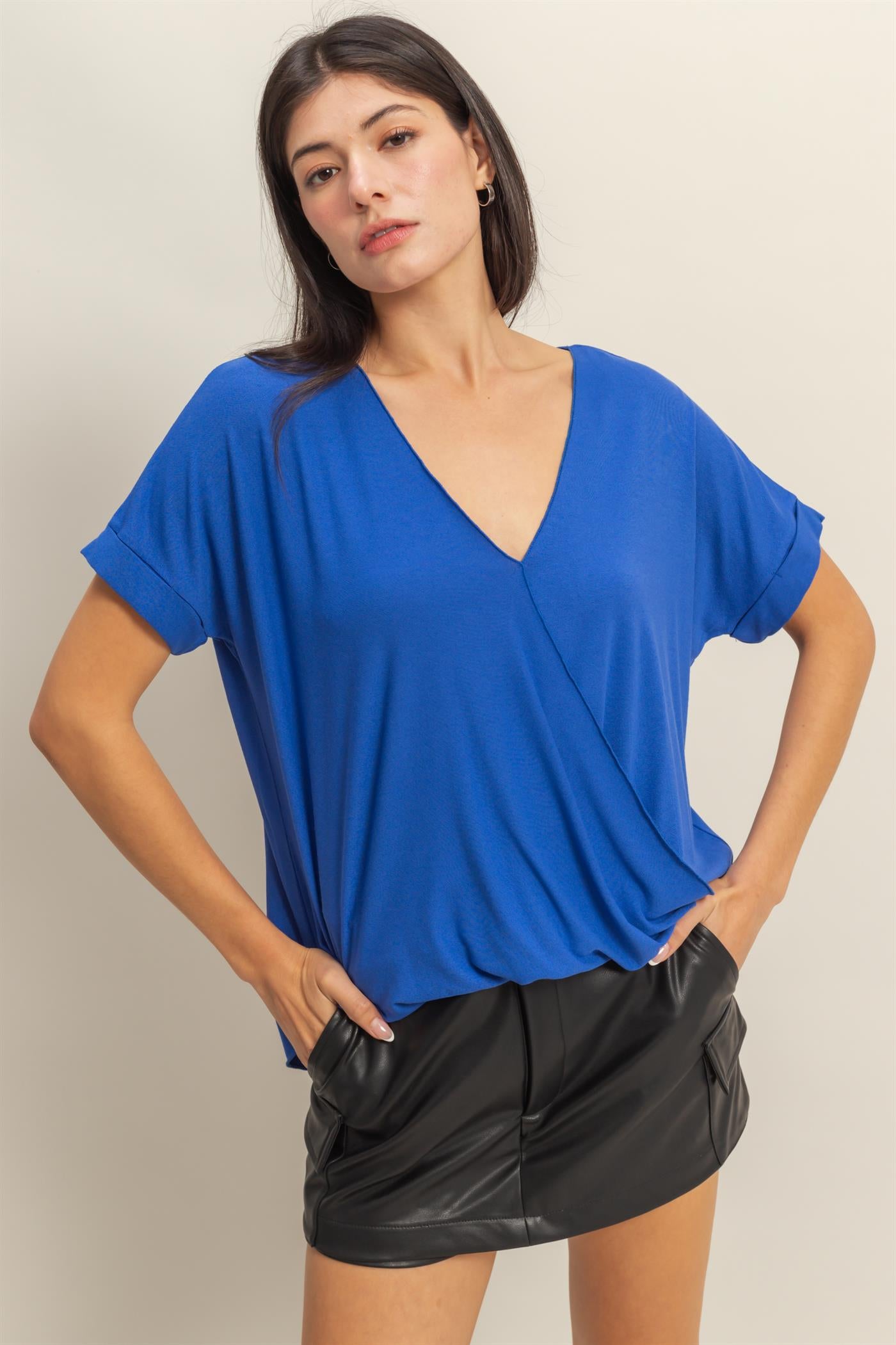 Wholesale Short Sleeve Surplice Top Clothing Tops DZ25E289 COBALT DOUBLE ZERO