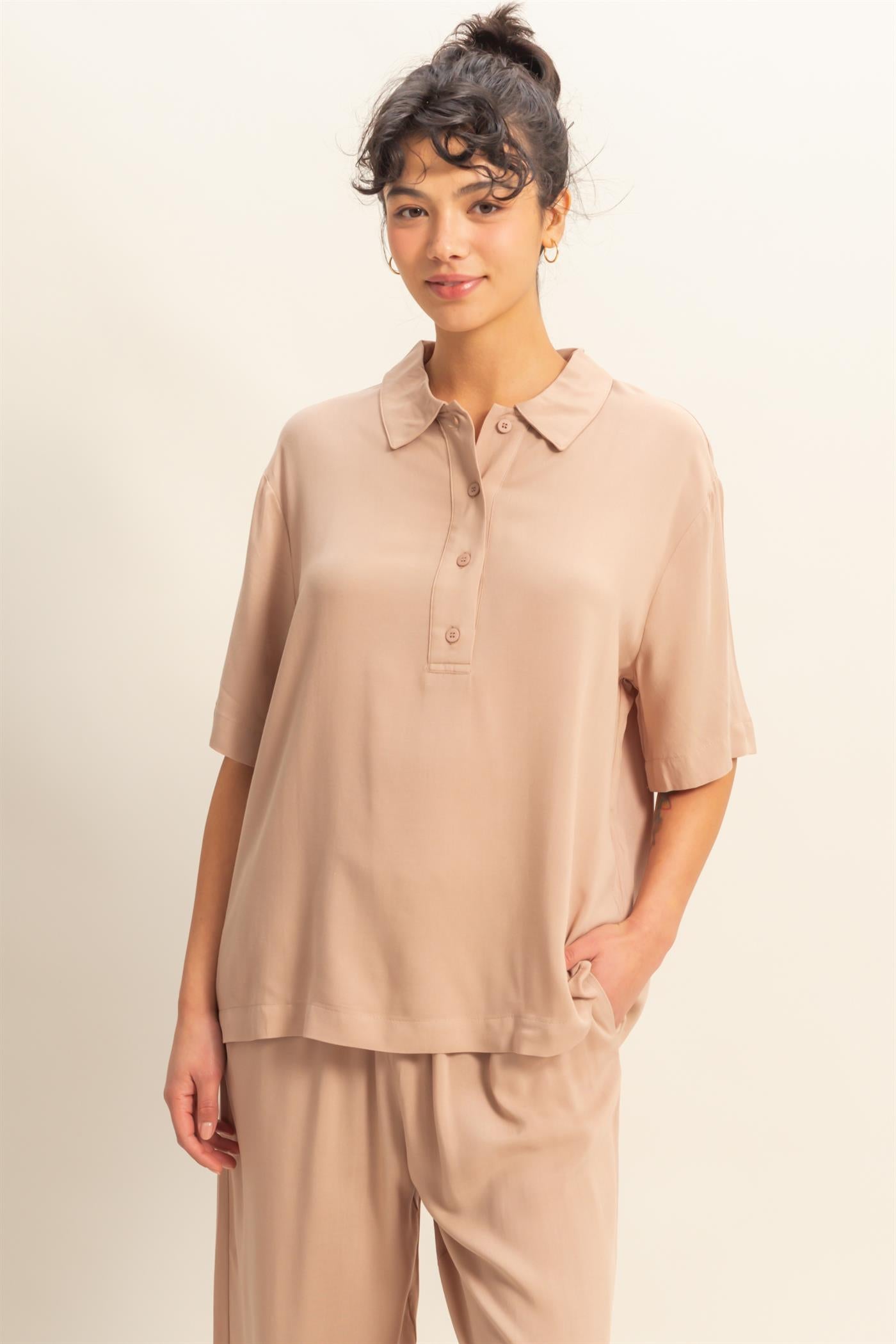 Wholesale Woven Half Button-Up Relaxed Top Clothing Tops DZ25C814 DARK TAUPE DOUBLE ZERO