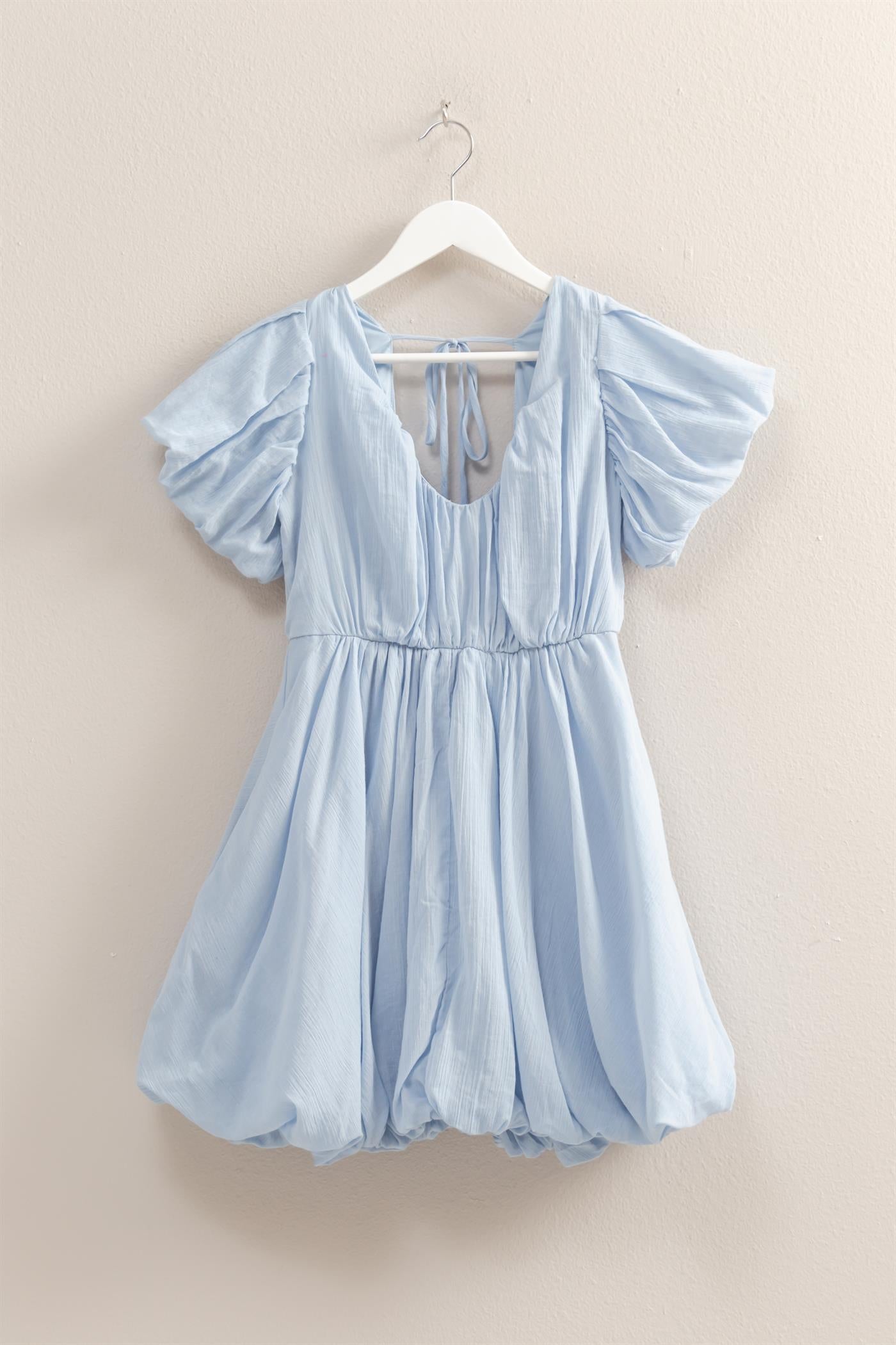 Wholesale V-Neck Puff Sleeve Flowy Mini Dress Dresses HF25A226 L.BLUE HYFVE