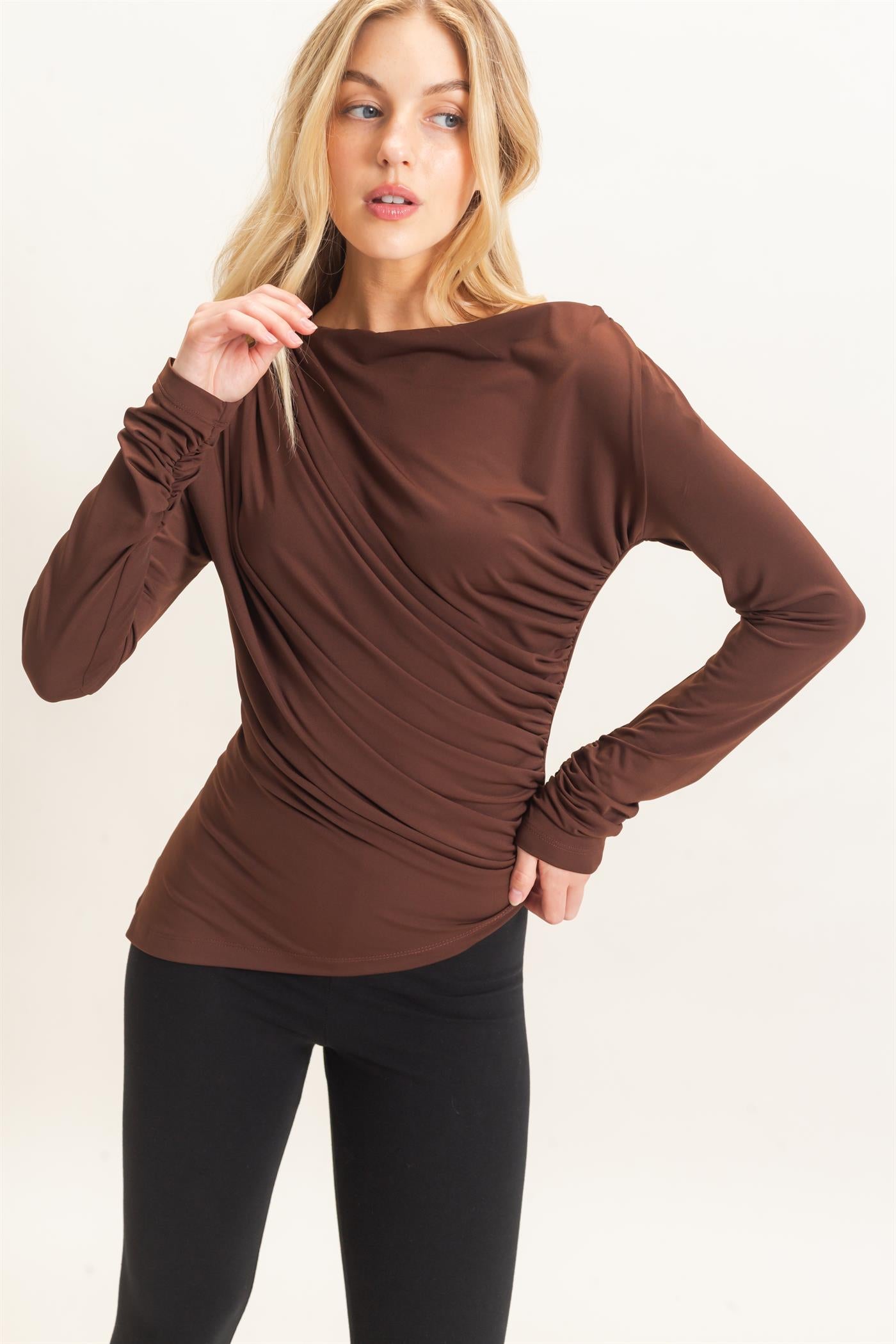Wholesale Asymmetrical Ruched Long Sleeve Top Clothing Tops HF26C683 CHOCOLATE HYFVE