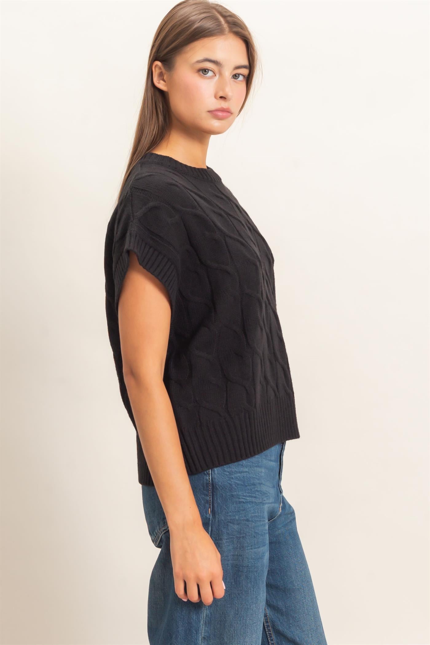 Wholesale Cable Knit Cap Sleeve Sweater Sweaters DZ26C974 BLACK DOUBLE ZERO