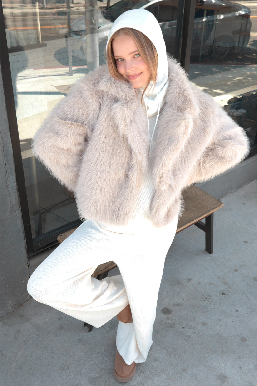 Wholesale Shawl Collar Faux Fur Jacket Outerwear HF26F207-D CREAM HYFVE