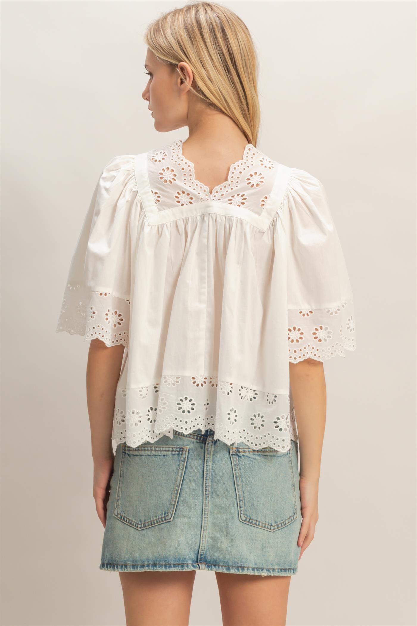 Wholesale Scalloped Eyelet Babydoll Top Clothing Tops HF26C293 WHITE HYFVE