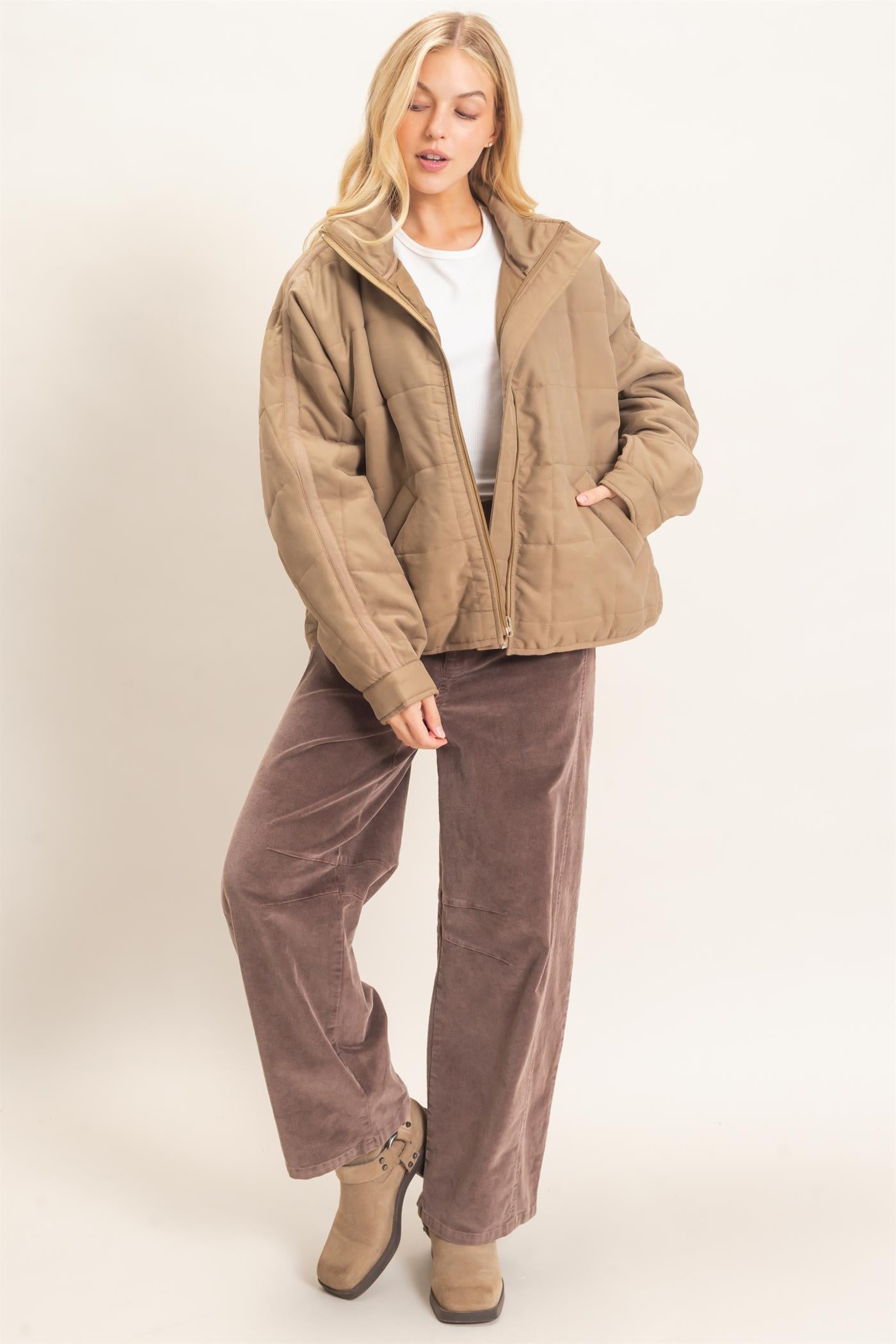 Wholesale Quilted High Collar Jacket Coats & Jackets HF26F167-D OLIVE HYFVE