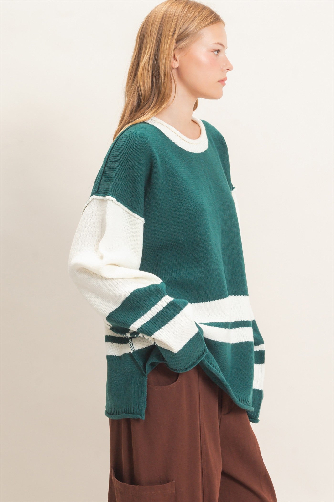 Wholesale Striped Crew Neck Sweater Sweaters HF26E793 TEAL GREEN HYFVE