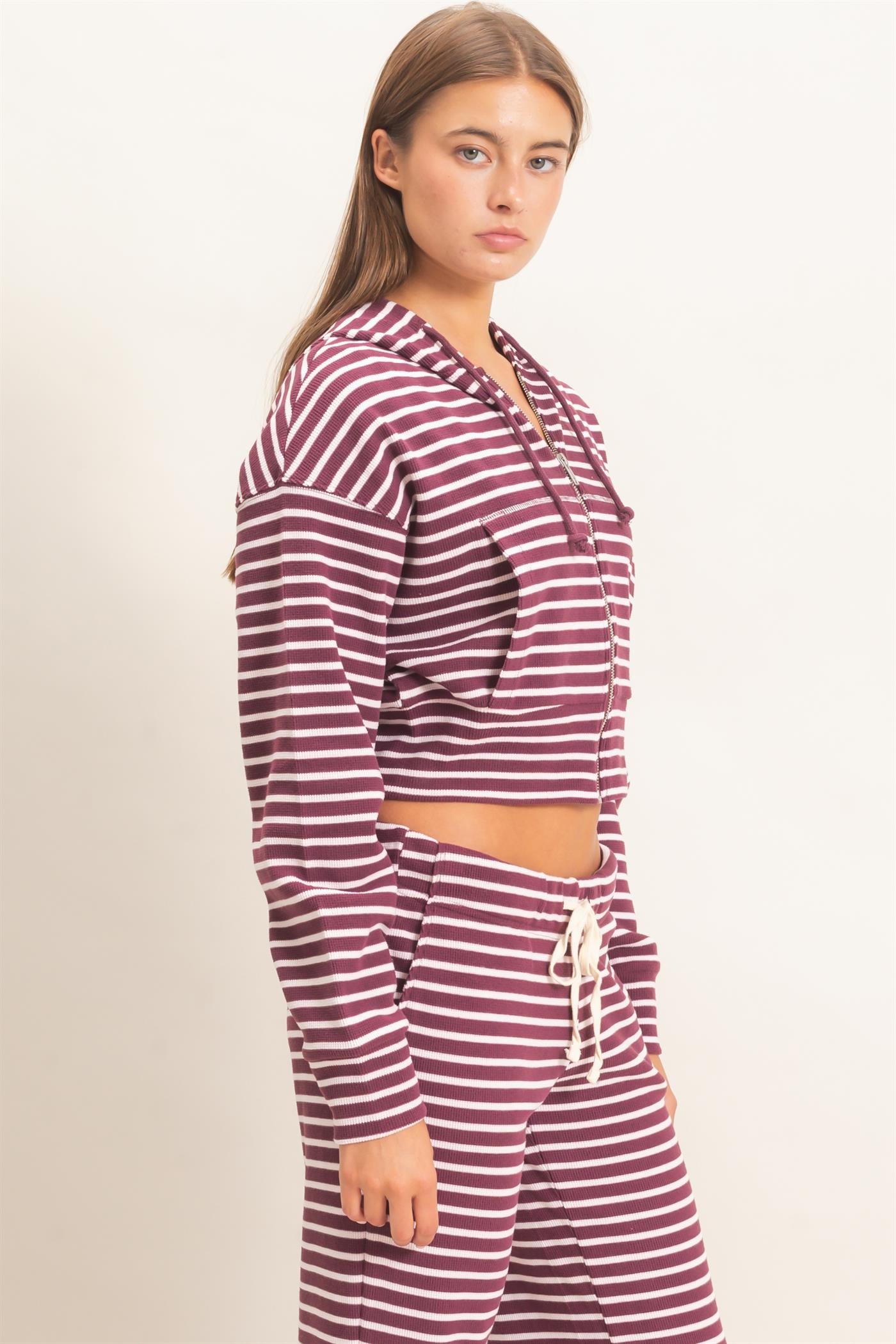 Wholesale Striped Zip-Up Hoodie Hoodies DZ26E433 DARK CHERRY DOUBLE ZERO