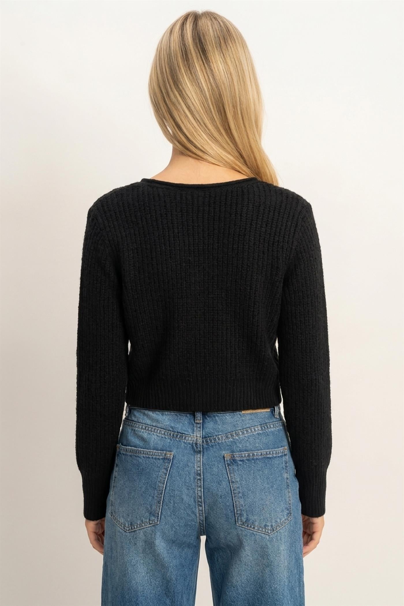 Wholesale V-Neck Ribbed Cardigan Cardigans DZ26E106 BLACK DOUBLE ZERO