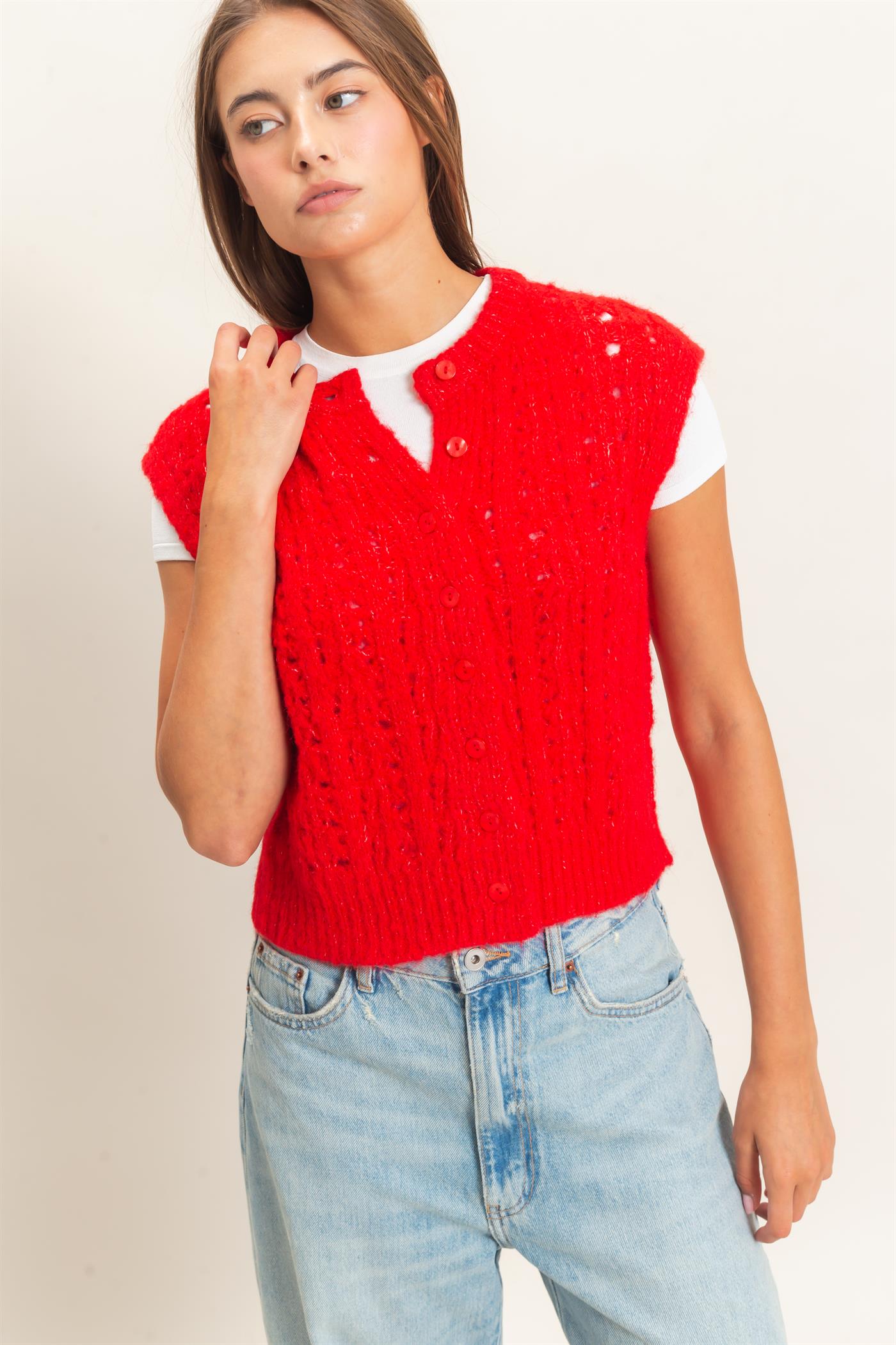 Wholesale Open Knit Sleeveless Button Front Sweater Vest Sweaters DZ26A829 RED DOUBLE ZERO