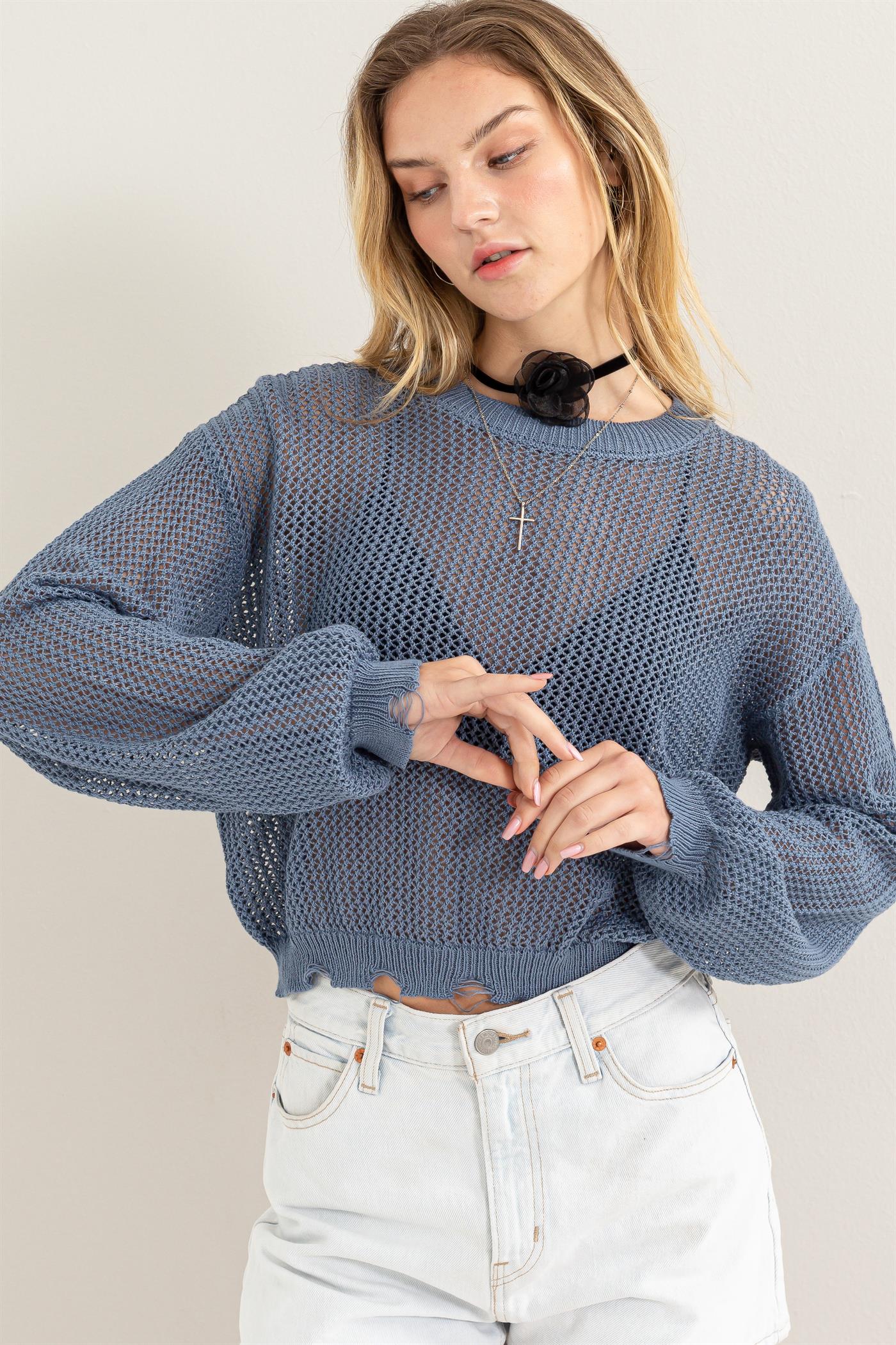 Wholesale Distressed Knit Sweater Clothing Tops DZ24C038 GRAY BLUE DOUBLE ZERO