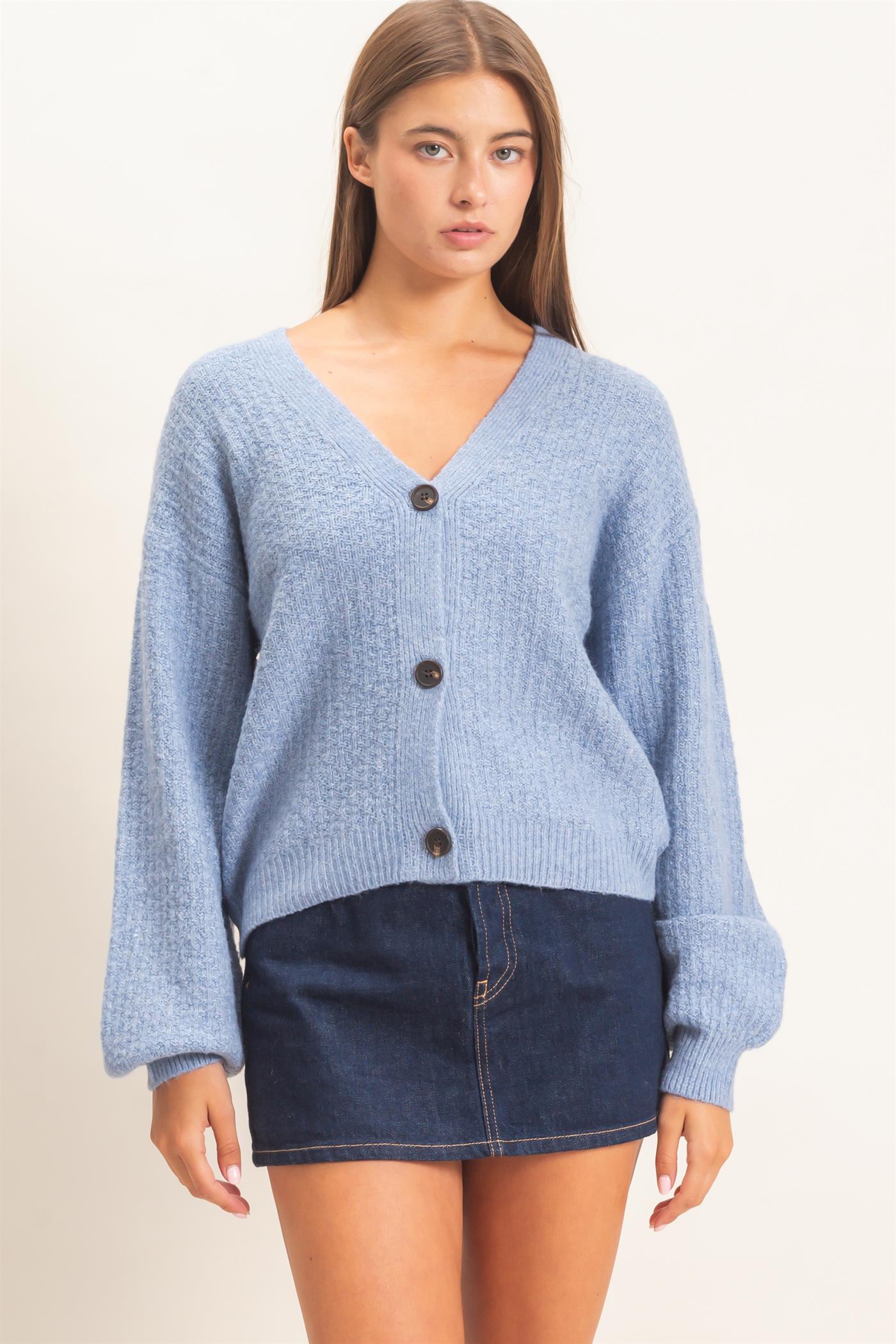 Wholesale Textured V-Neck Cardigan Cardigans DZ26E080 DUSTY BLUE DOUBLE ZERO