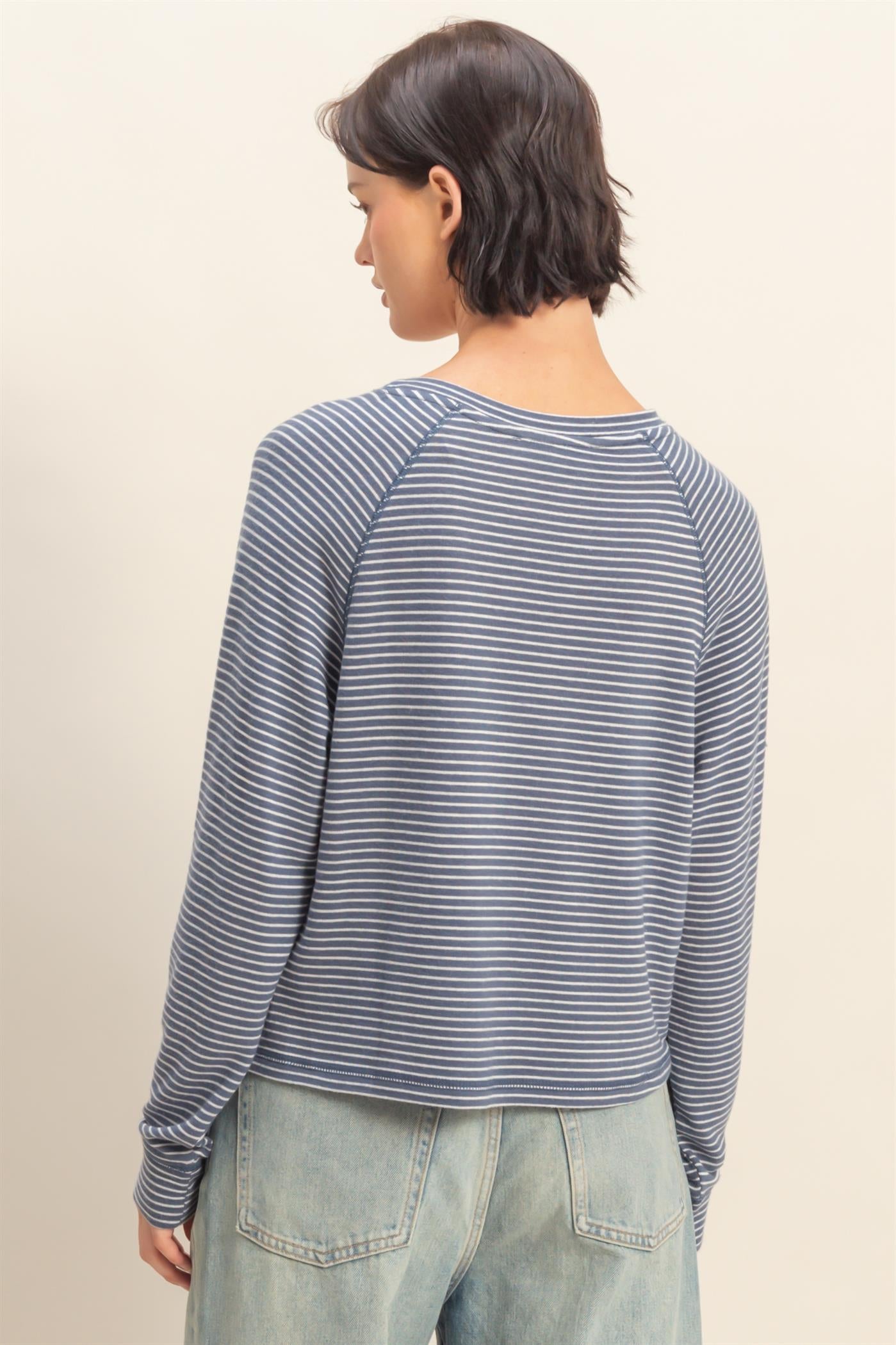 Wholesale Striped Raglan Long Sleeve Top Clothing Tops DZ25E600 DUSTY NAVY/CREAM DOUBLE ZERO