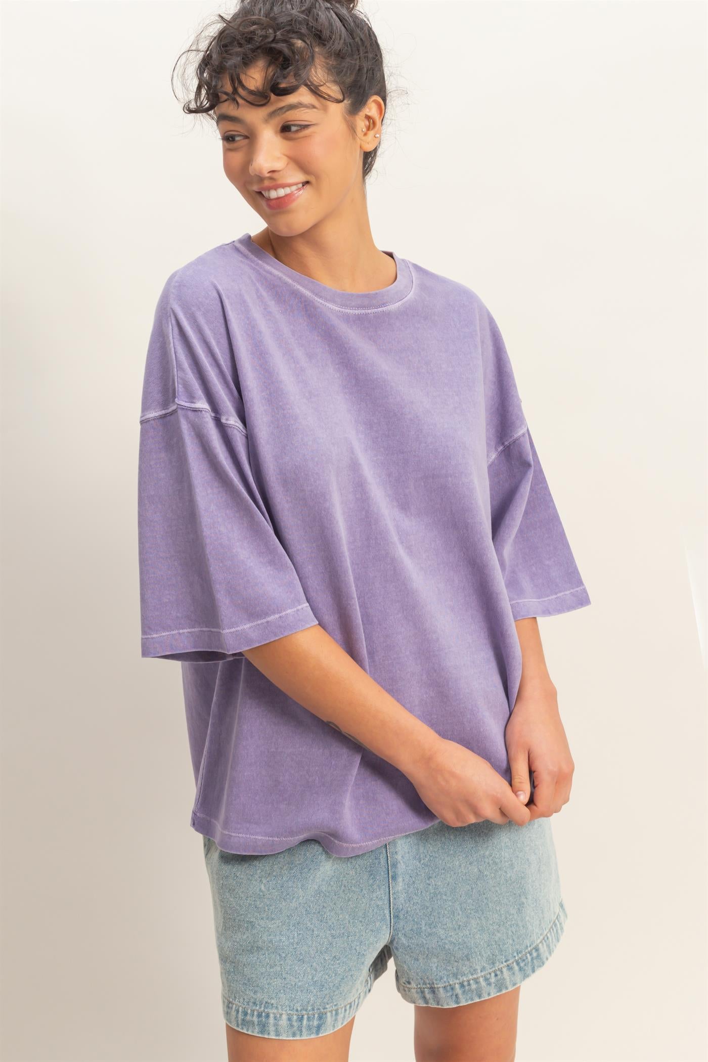 Wholesale Pigment Dye Oversized Half-Sleeve T-Shirt Clothing Tops DZ26A459 DUSTY PURPLE DOUBLE ZERO