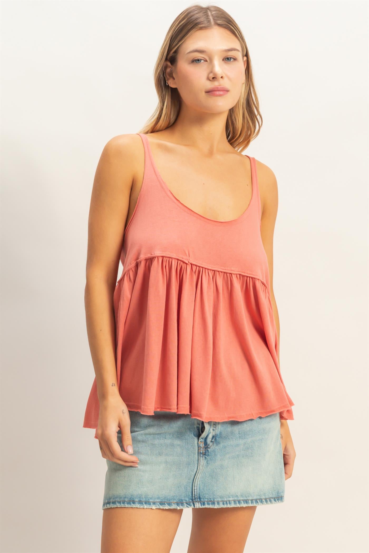 Wholesale Scoop Neck Babydoll Top Tank Tops HF26A376 TOMATO HYFVE