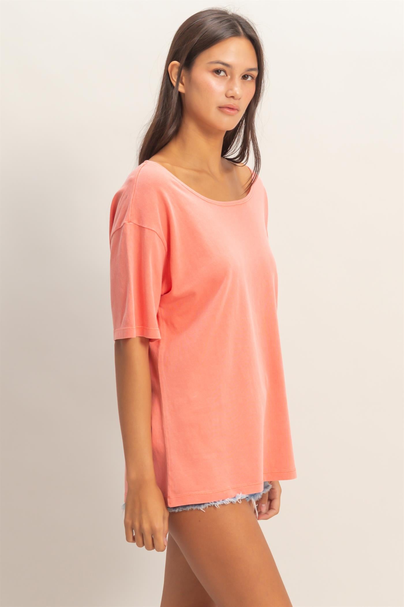 Wholesale Boat Neck Short Sleeve Basic Tee Clothing Tops DZ25E242 CORAL DOUBLE ZERO