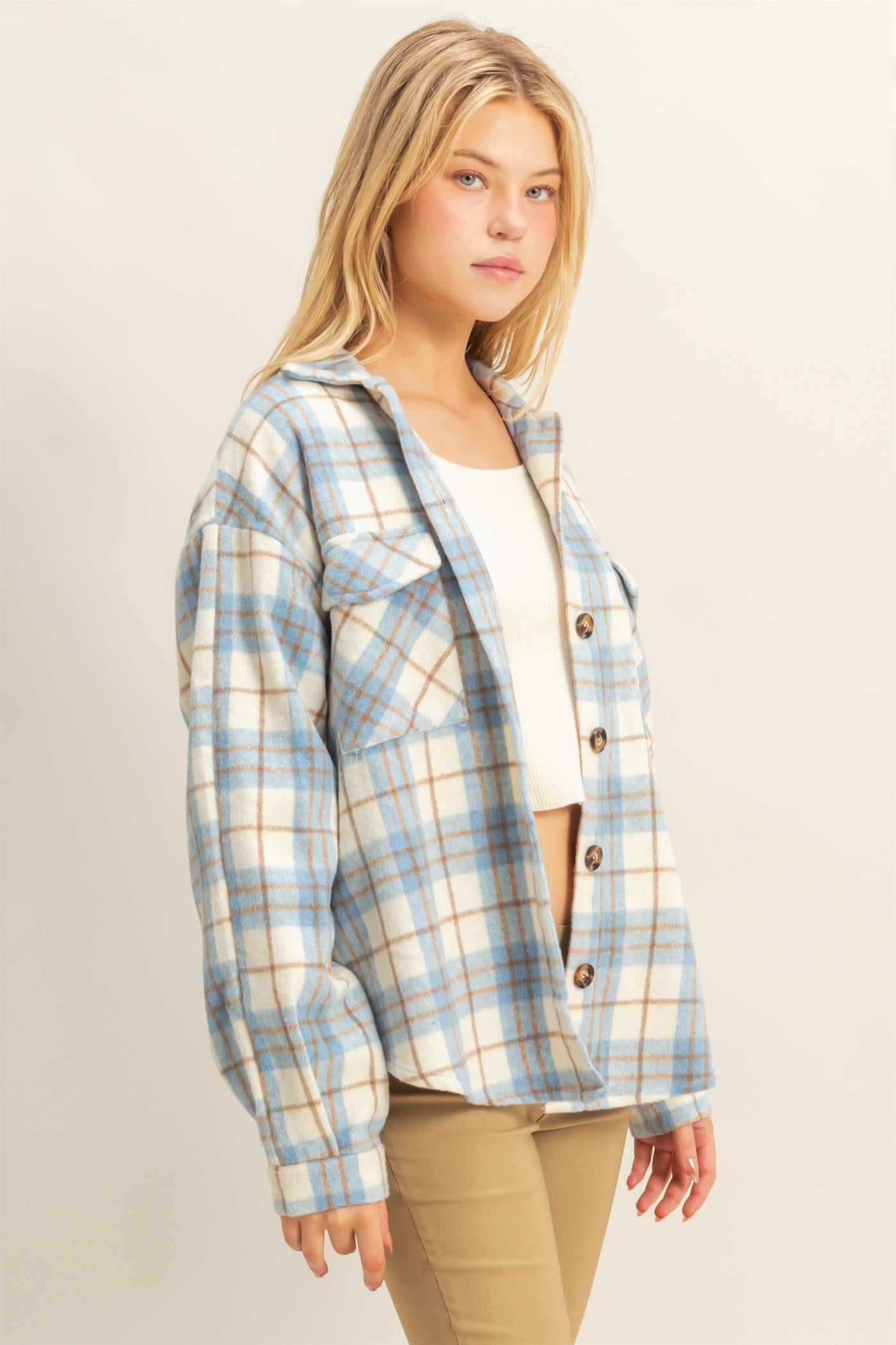 Wholesale Collared Plaid Shacket Shirts HF23G058 BLUE HYFVE