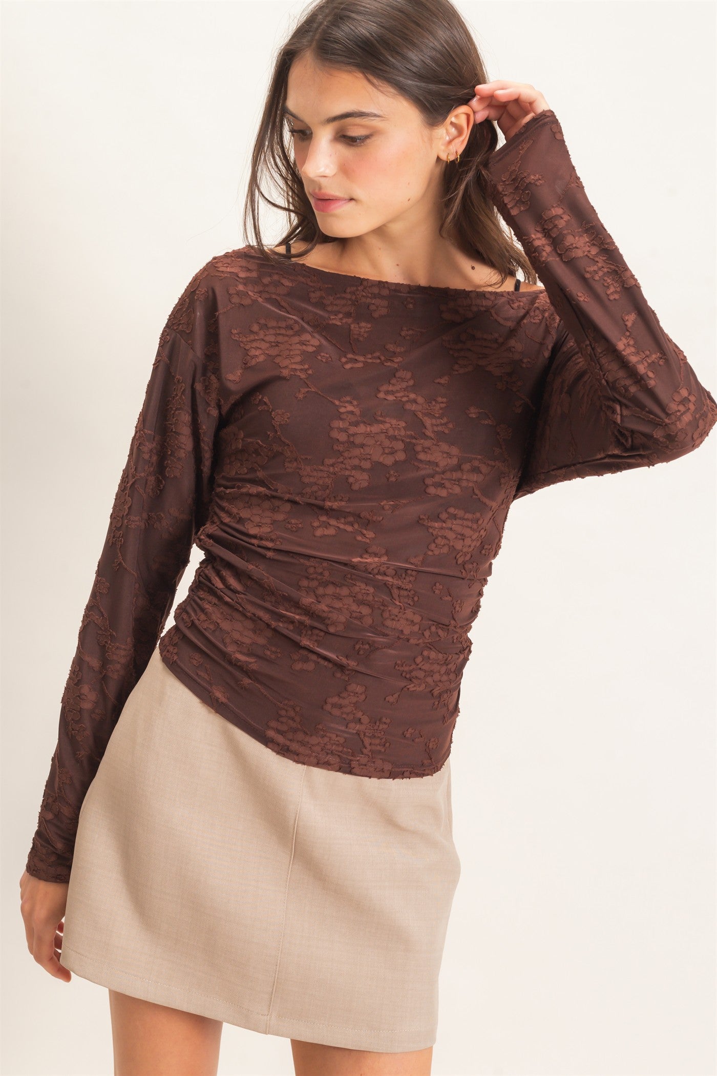 Wholesale Sheer Lace Boat Neck Top Blouses HF26E761 BROWN HYFVE