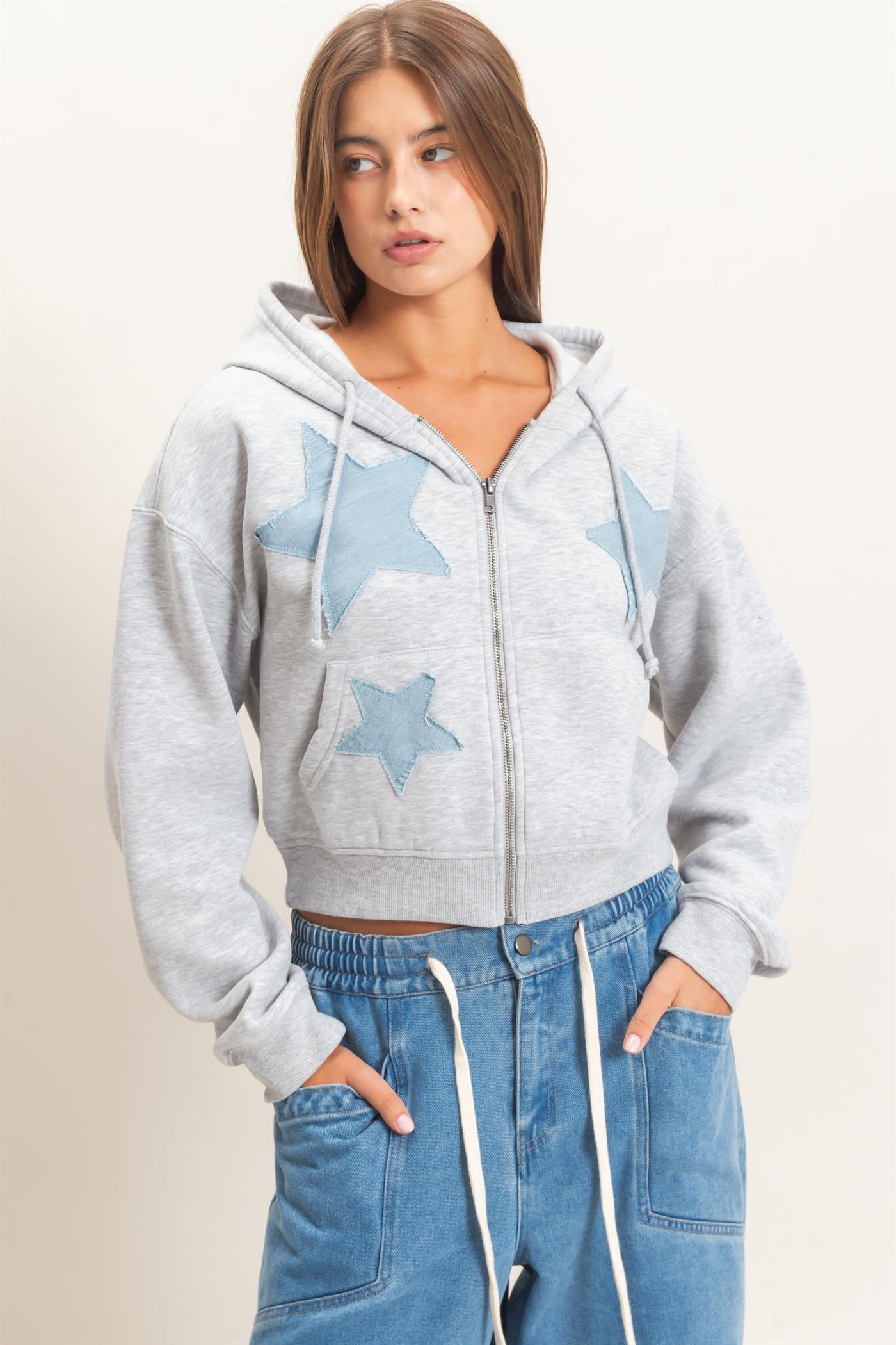 Wholesale Star Patch Zip-Up Hoodie Hoodies DZ26E828 HEATHER GRAY DOUBLE ZERO