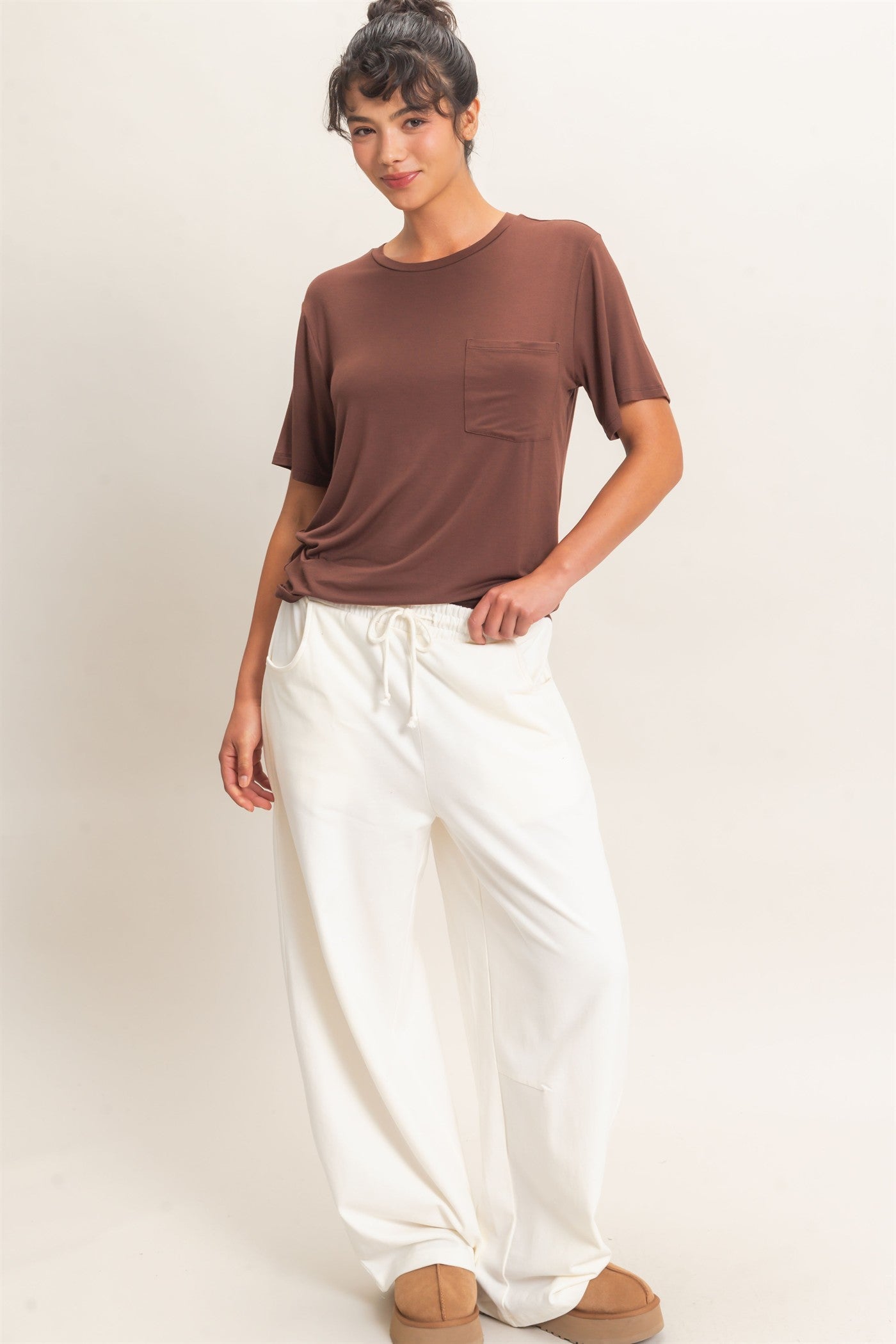 Wholesale Crew Neck Pocket Tee Clothing Tops DZ26E254 DARK BROWN DOUBLE ZERO