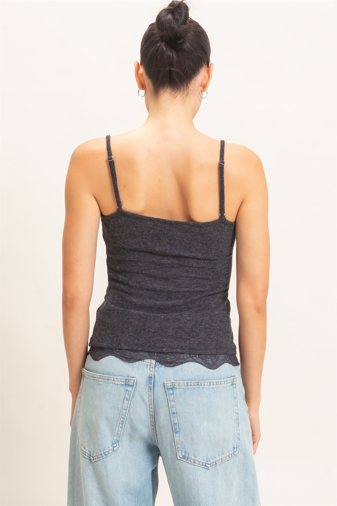 Wholesale Knit Lace Trim Camisole Tank Tops HF26E014 CHARCOAL HYFVE