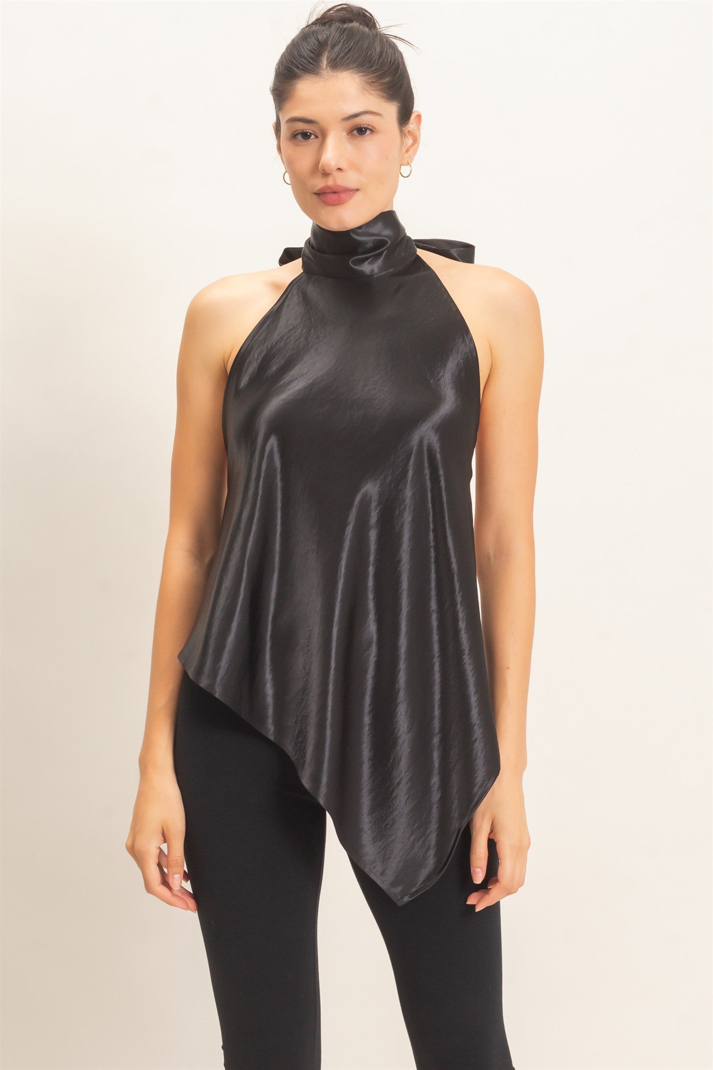 Wholesale Asymmetrical Satin Halter Top Blouses HF26F114 BLACK HYFVE