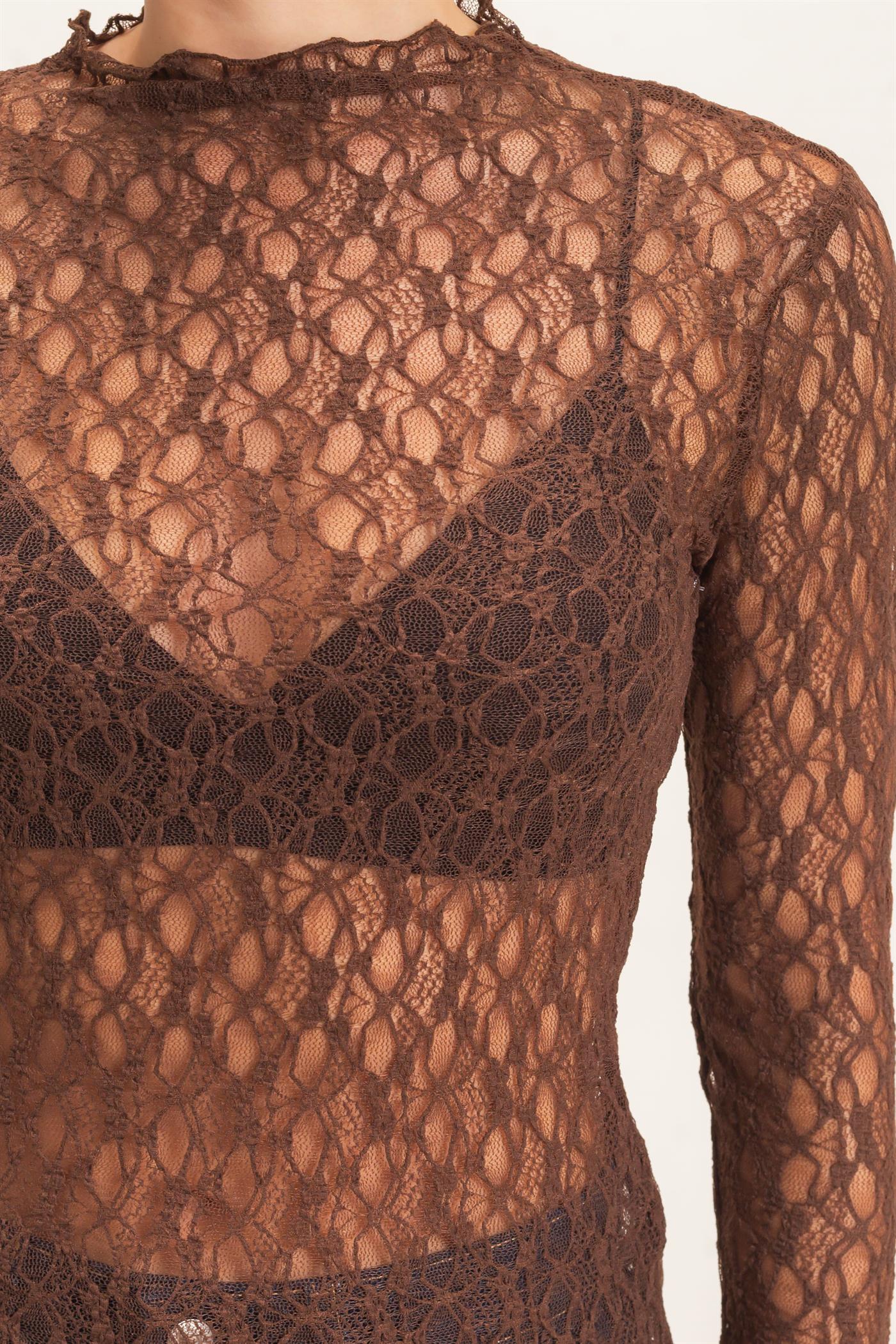 Wholesale Lace Mock Neck Long Sleeve Top Clothing Tops HF26E033-D CHOCOLATE HYFVE