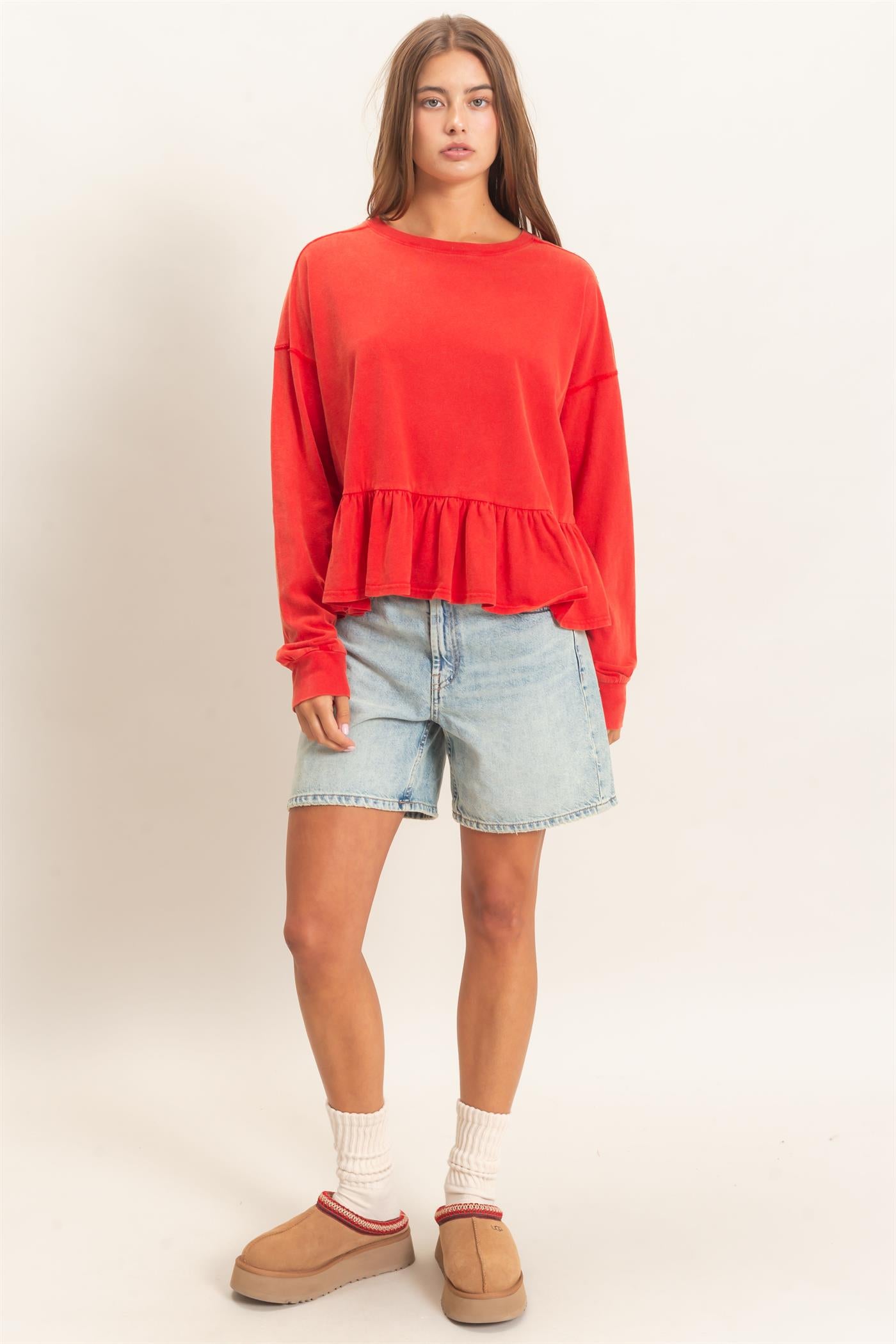 Wholesale Peplum Long Sleeve Top Clothing Tops DZ26F397 RED DOUBLE ZERO