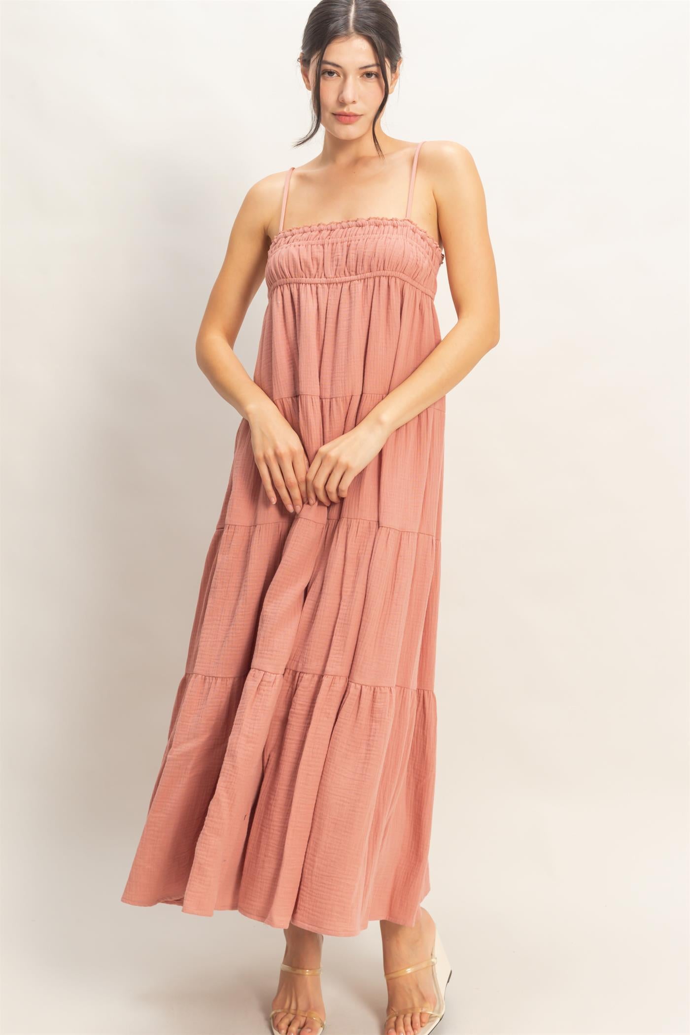 Wholesale Smocked Tiered Maxi Dress Dresses HF26C303 CLAY HYFVE