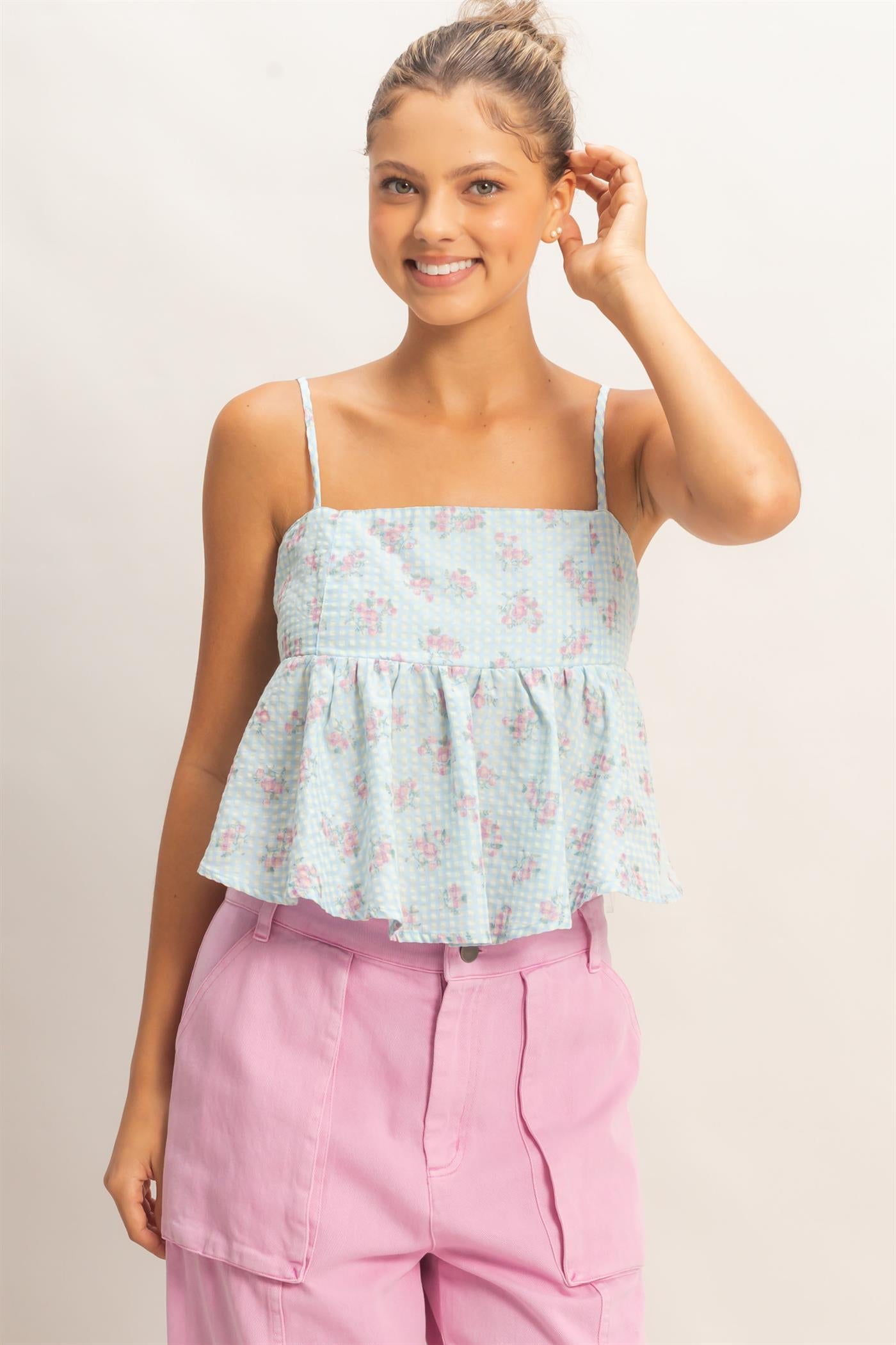 Wholesale Floral Seersucker Babydoll Top Clothing Tops HF26A416 BLUE HYFVE