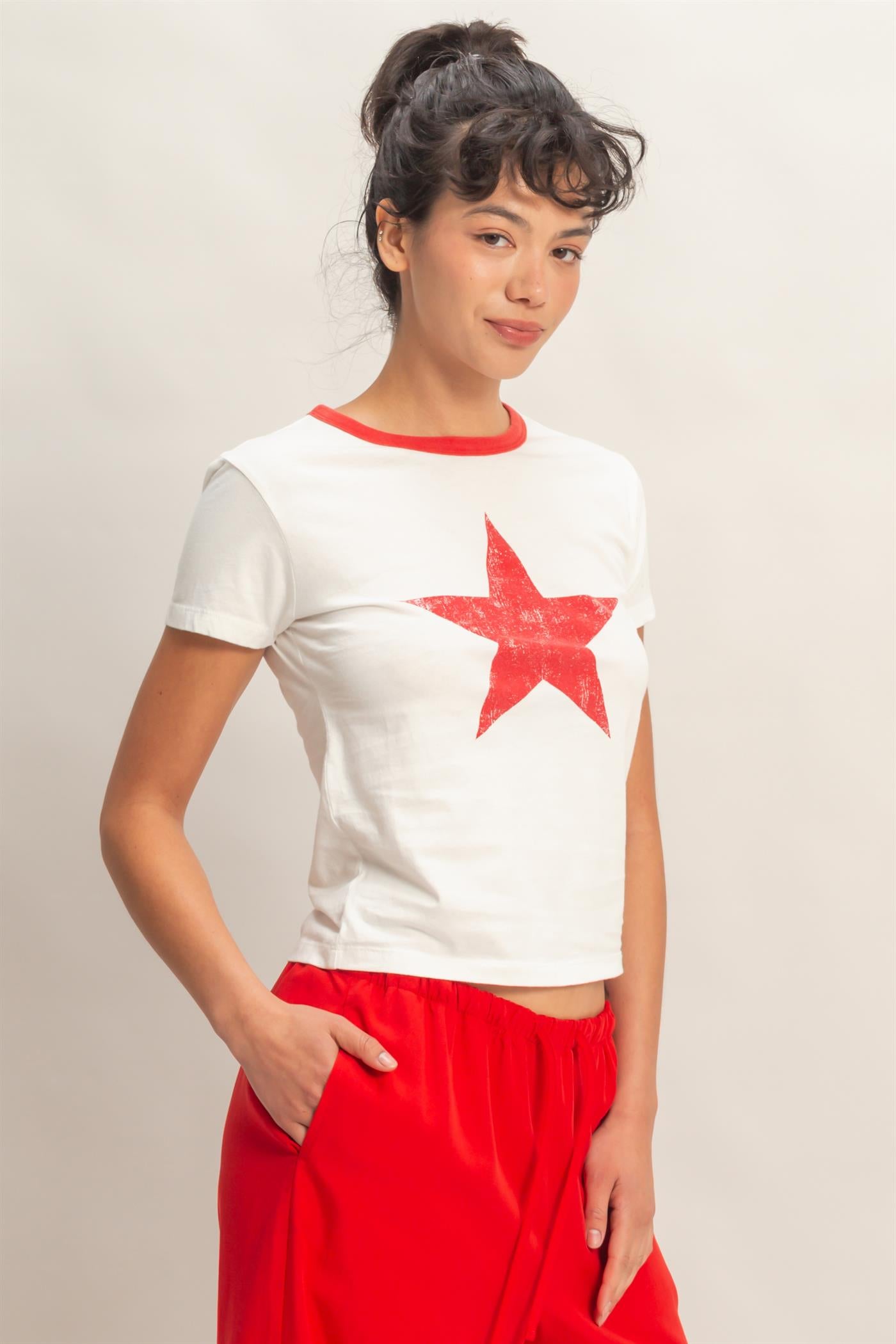 Wholesale Star Graphic Crew Neck T-Shirt T-Shirts DZ26C695 RED DOUBLE ZERO