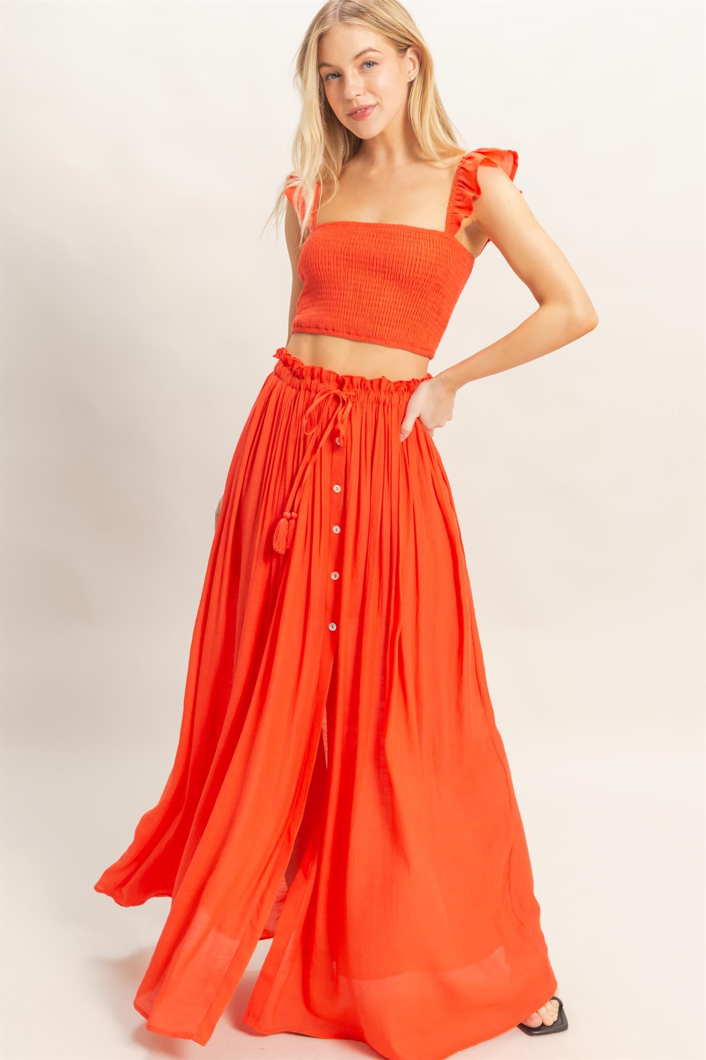Wholesale Smocked Top & Maxi Skirt Set Clothing HF26C292-SET-D ORANGE RED HYFVE