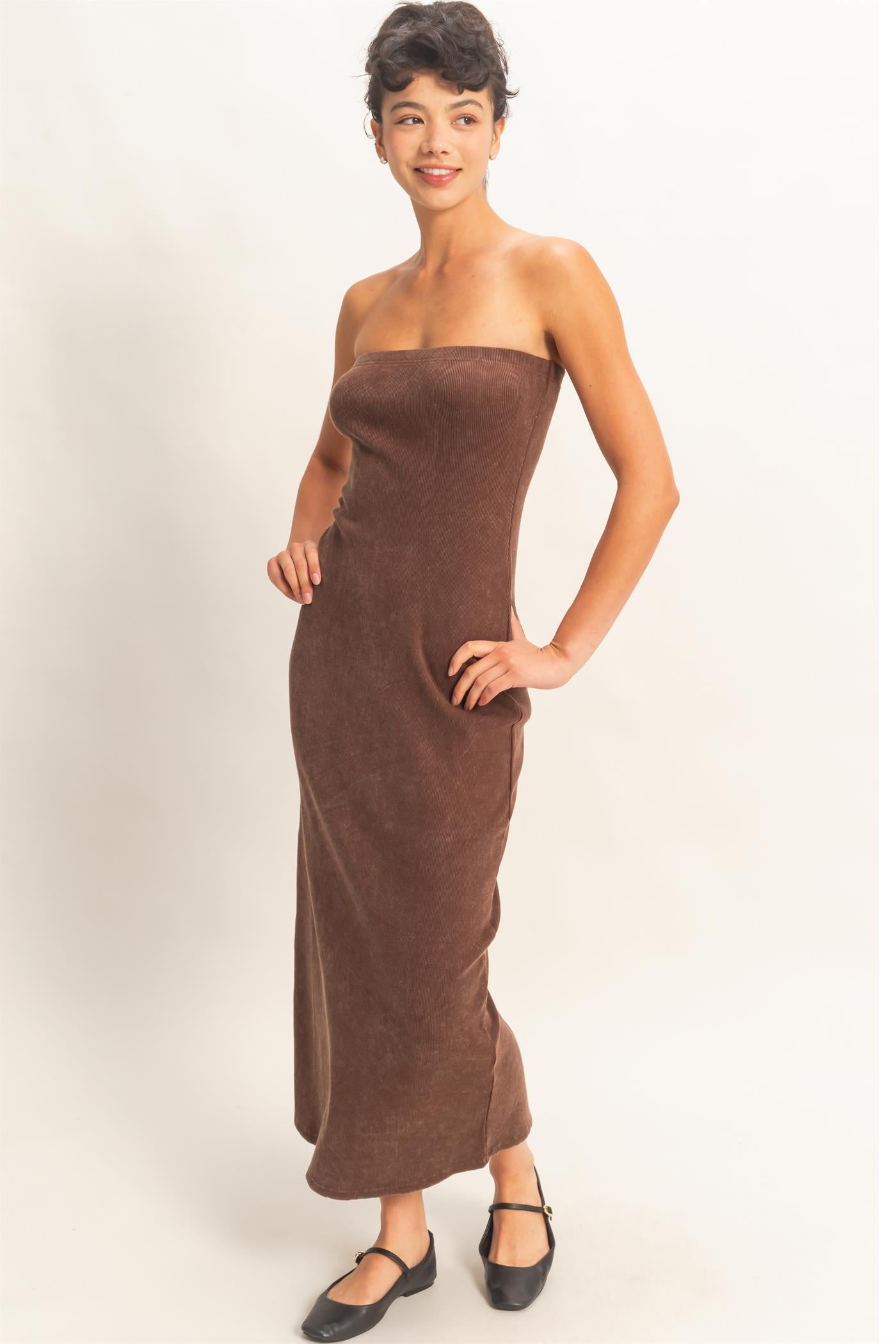 Wholesale Acid Washed Ribbed Midi Tube Dress Dresses DZ26C620 CHOCOLATE DOUBLE ZERO